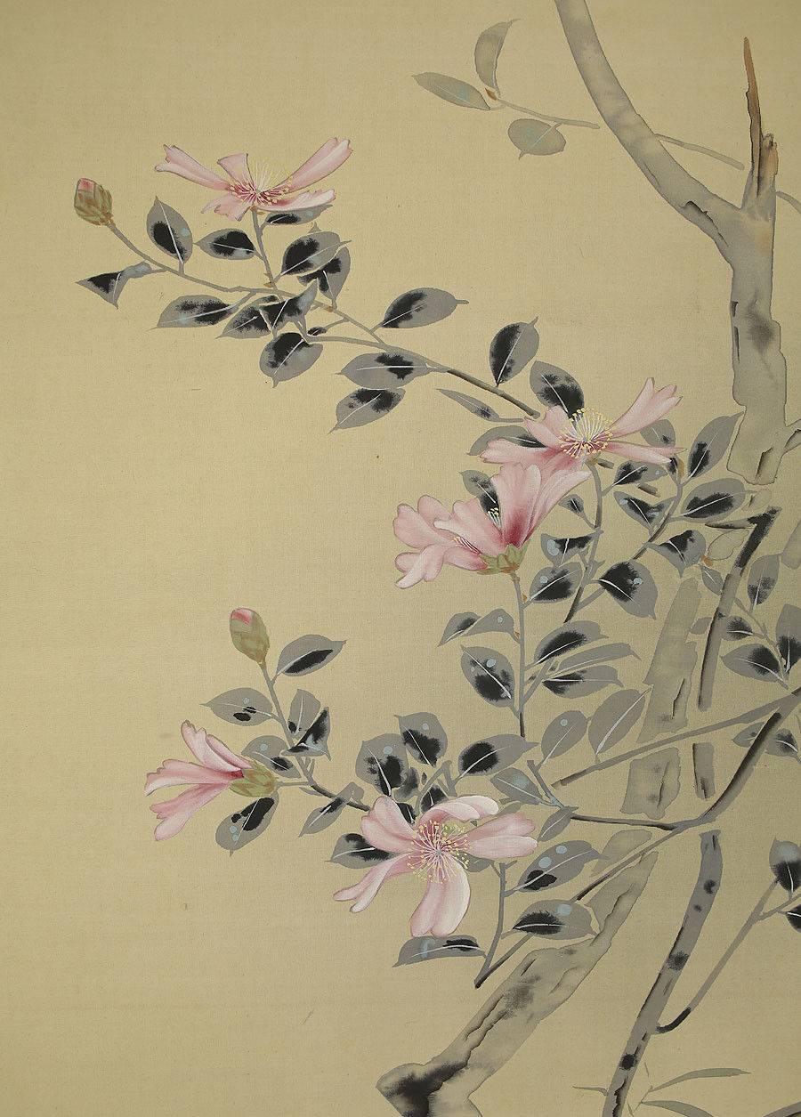 Japanese Japan Crested Myna Bird and Flowers Hand-Painted Silk Scroll, Domoto
