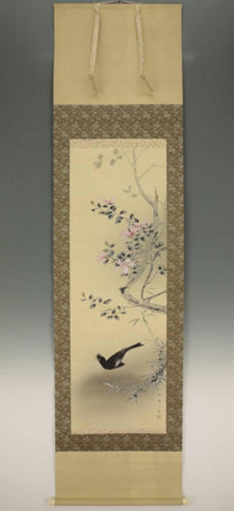 20th Century Japan Crested Myna Bird and Flowers Hand-Painted Silk Scroll, Domoto