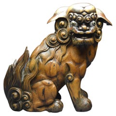 Antique Japan, Edo Period (1603 - 1867), Massive wooden komainu with traces of laquer