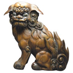 Japan, Edo period (1603 – 1867), Massive wooden komainu with traces of laquer