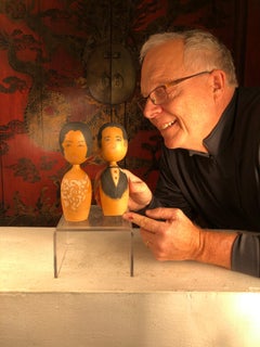 Japan Extraordinary Big Old "Bride & Groom" Kokeshi Dolls Hand Carved Signed