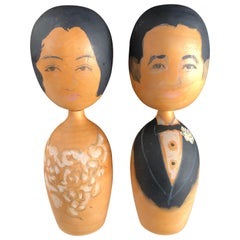 Japan Extraordinary Big Old "Bride & Groom" Kokeshi Dolls Hand Carved Signed