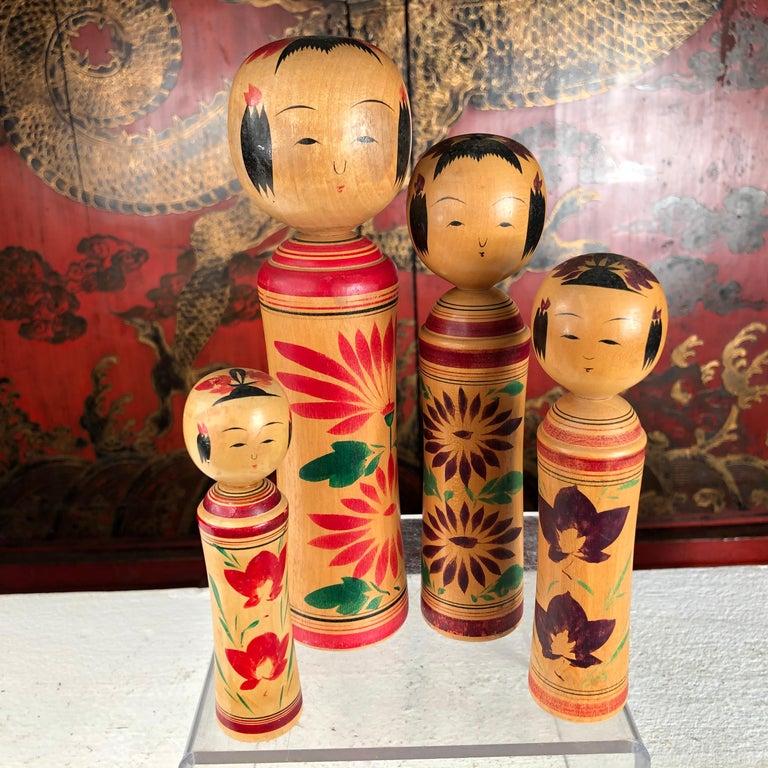 Showa Japan Family Four Big Old Hand Painted Kokeshi Dolls, Signed
