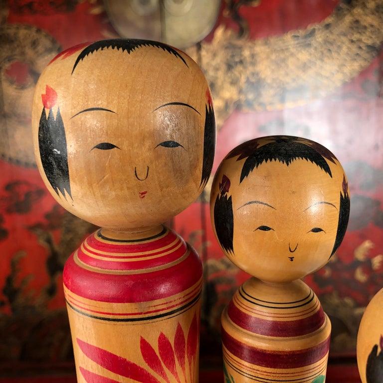 Hand-Crafted Japan Family Four Big Old Hand Painted Kokeshi Dolls, Signed