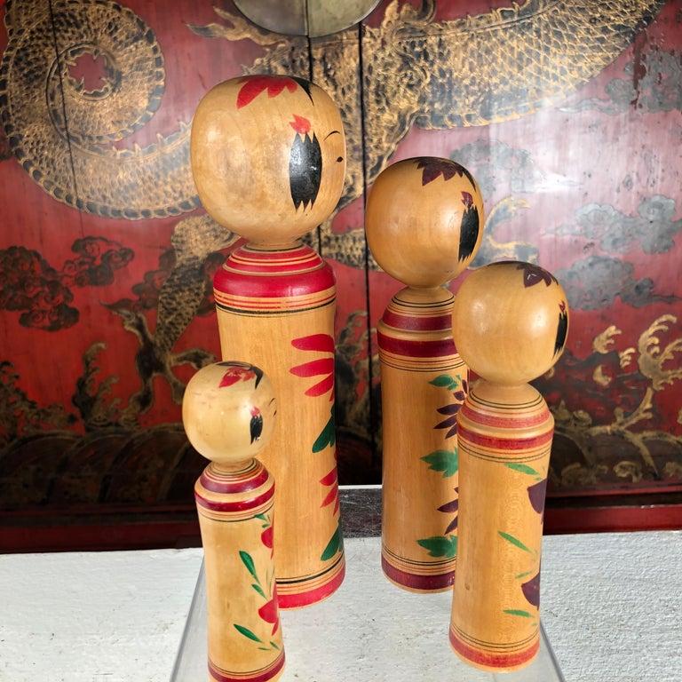20th Century Japan Family Four Big Old Hand Painted Kokeshi Dolls, Signed
