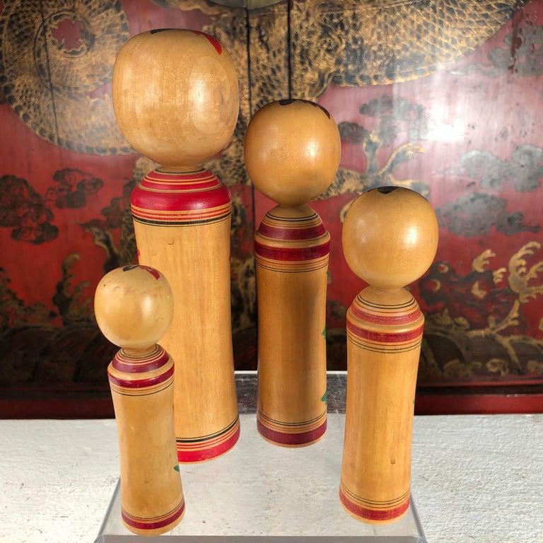 Wood Japan Family Four Big Old Hand Painted Kokeshi Dolls, Signed
