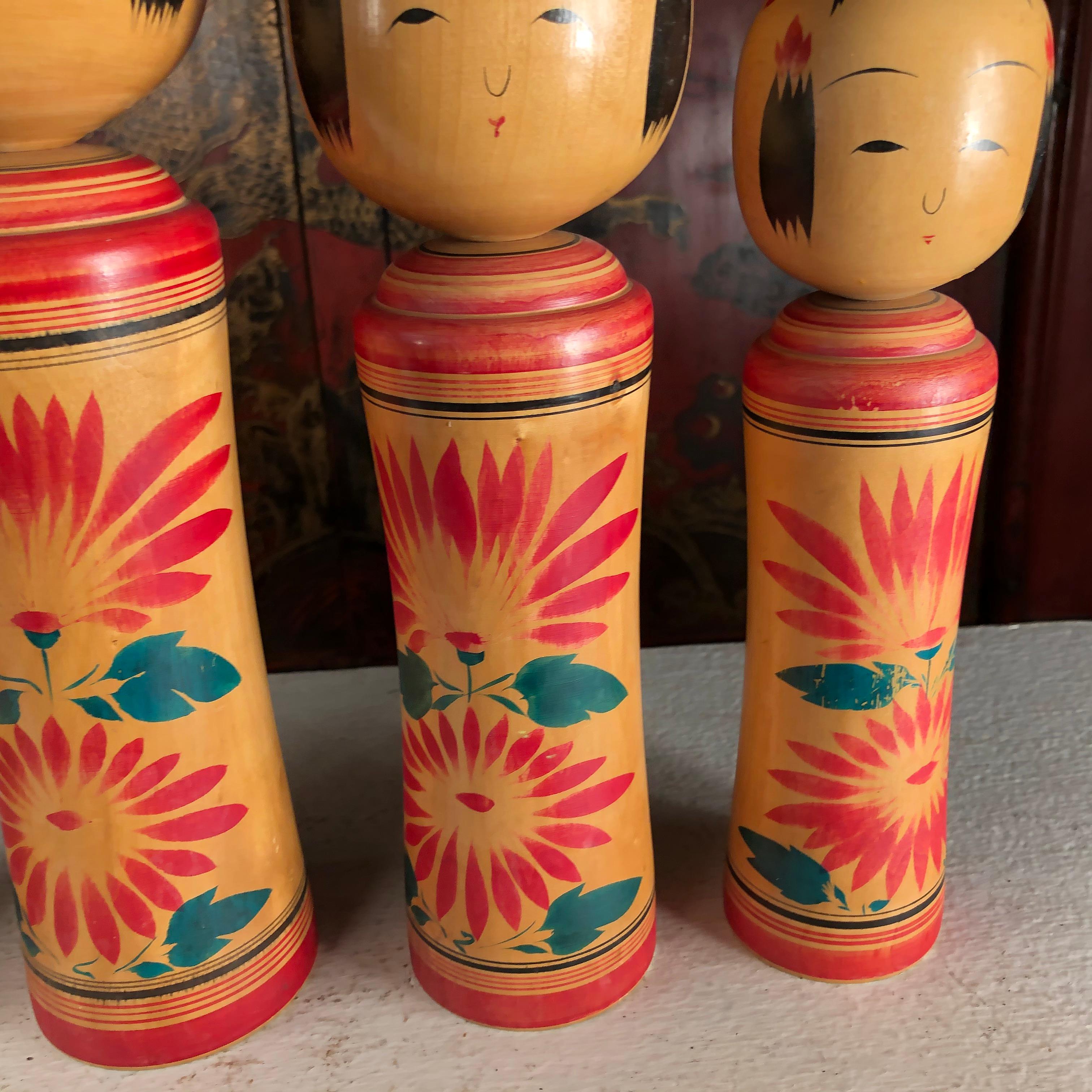 Wood Japan Family Four Big Old Japanese Famous Kokeshi Dolls, Hand Painted, Signed