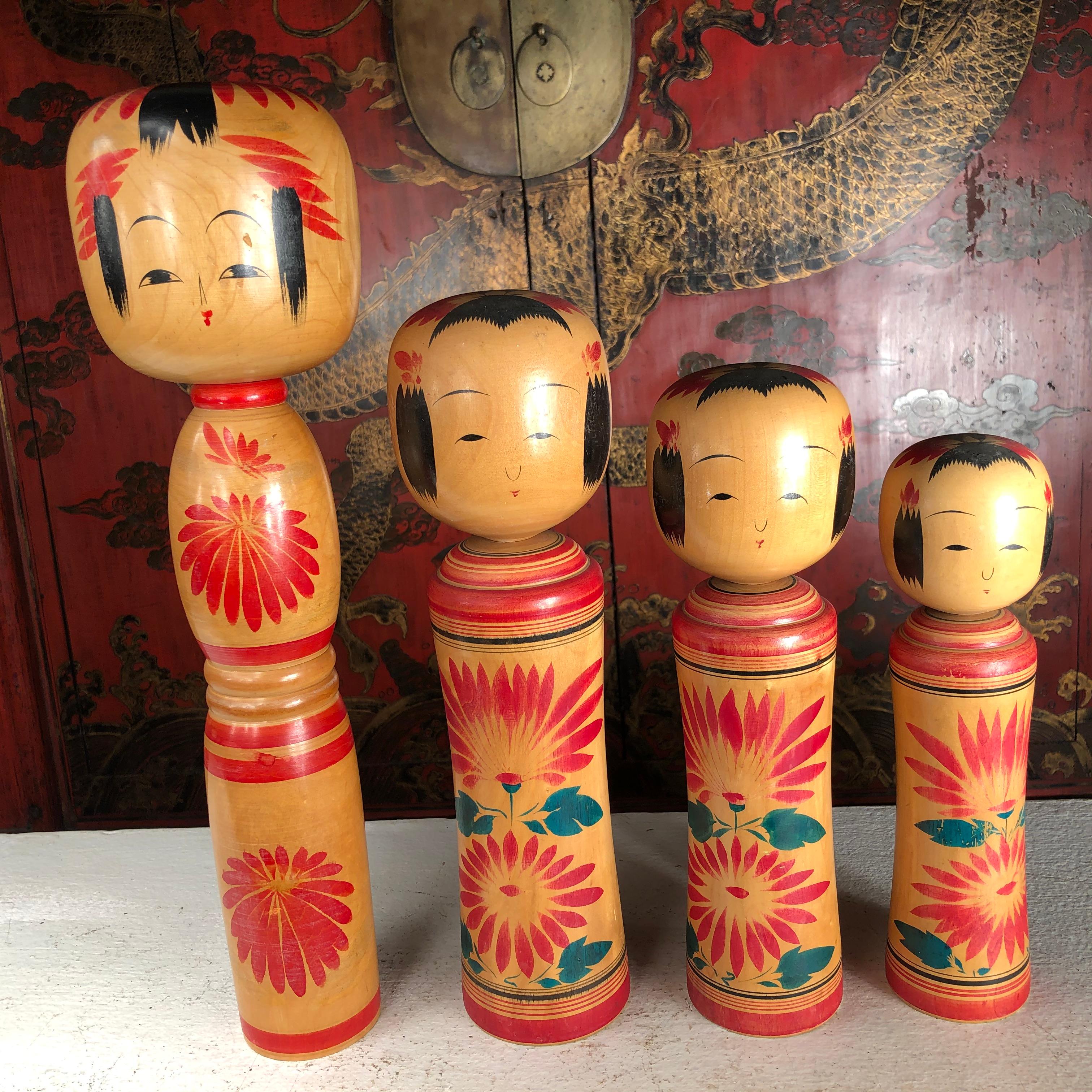 Japan Family Four Big Old Japanese Famous Kokeshi Dolls, Hand Painted, Signed 7