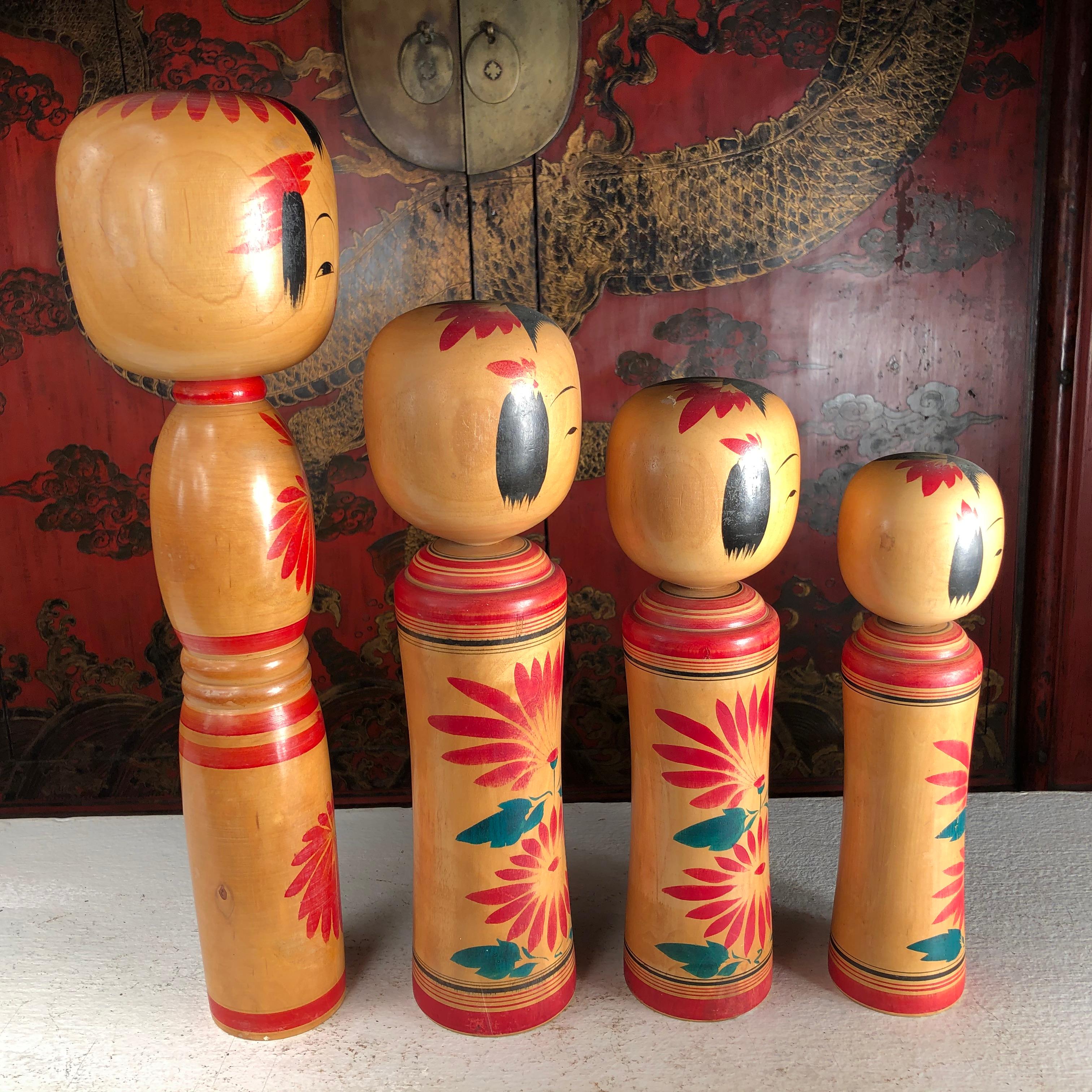 Hand-Crafted Japan Family Four Big Old Japanese Famous Kokeshi Dolls, Hand Painted, Signed