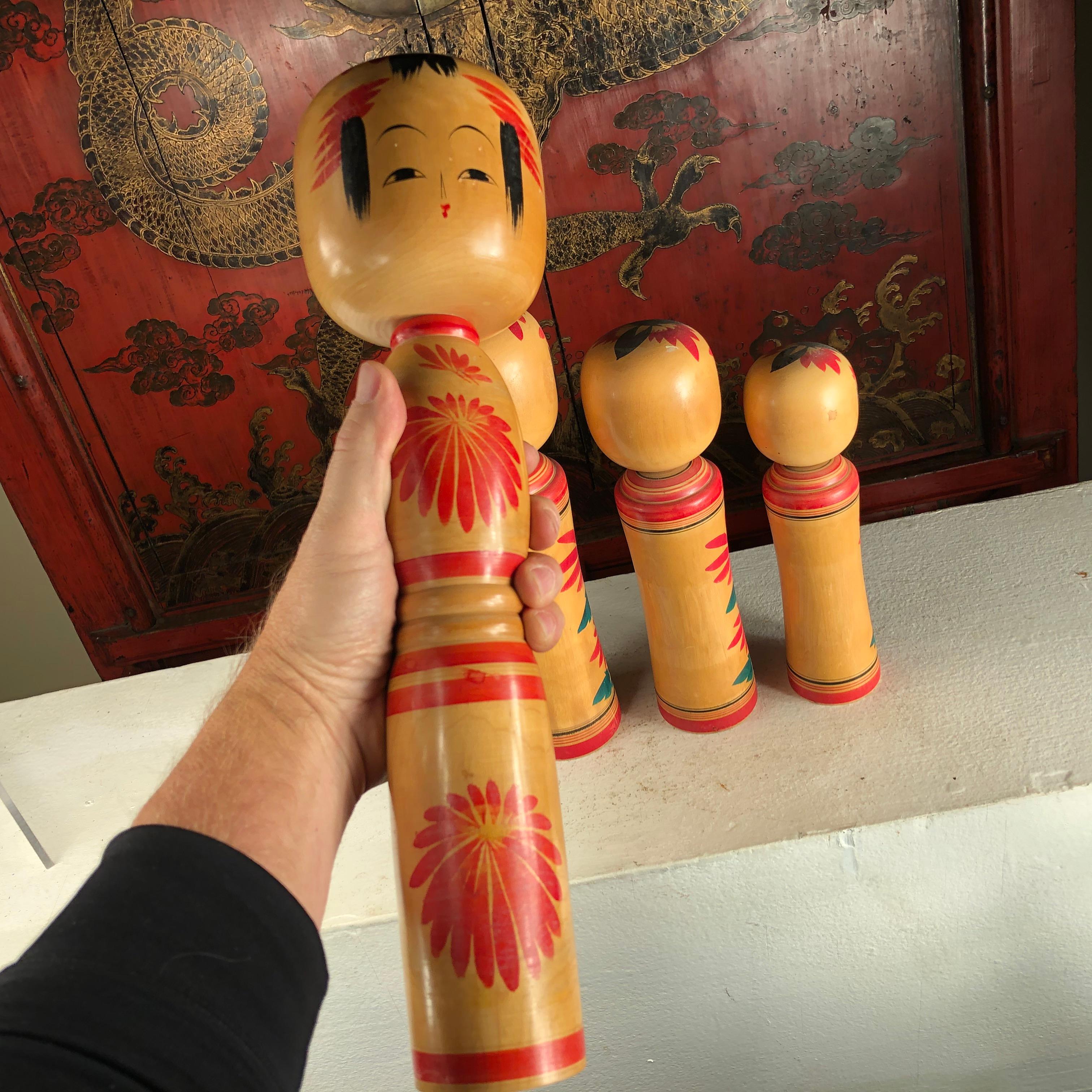 20th Century Japan Family Four Big Old Japanese Famous Kokeshi Dolls, Hand Painted, Signed