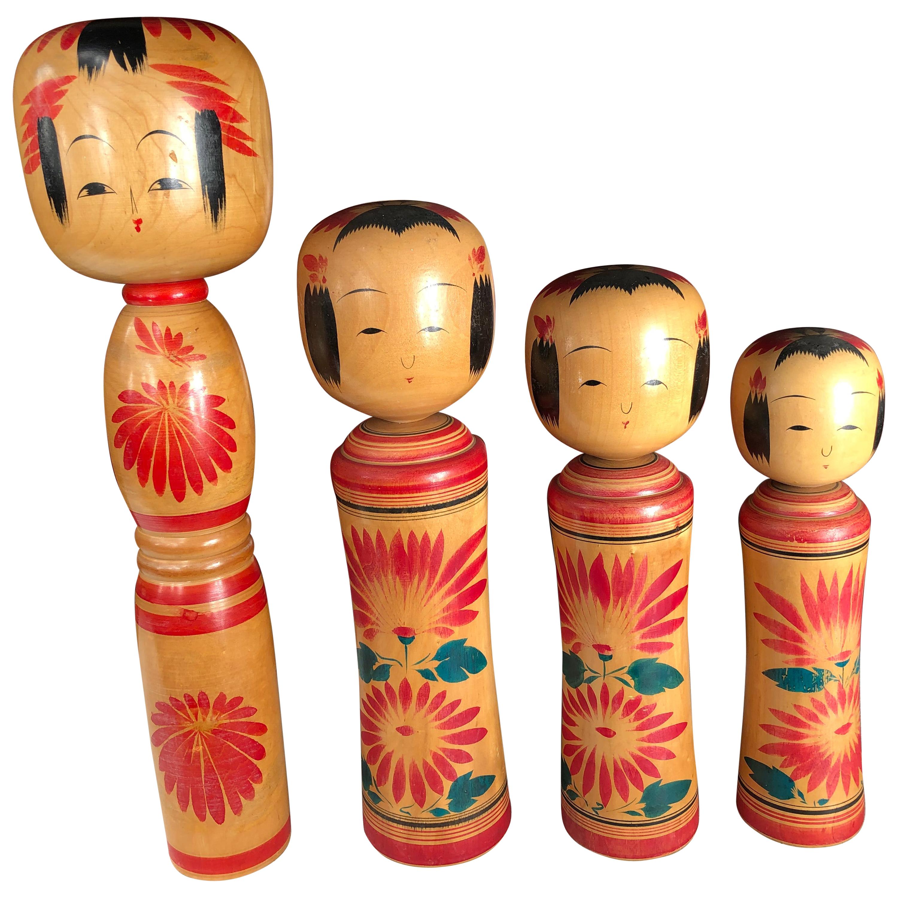 Japan Family Four Big Old Japanese Famous Kokeshi Dolls, Hand Painted, Signed