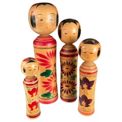 Retro Japan Family Four Old Japanese Famous Kokeshi Dolls, Hand Painted and Signed