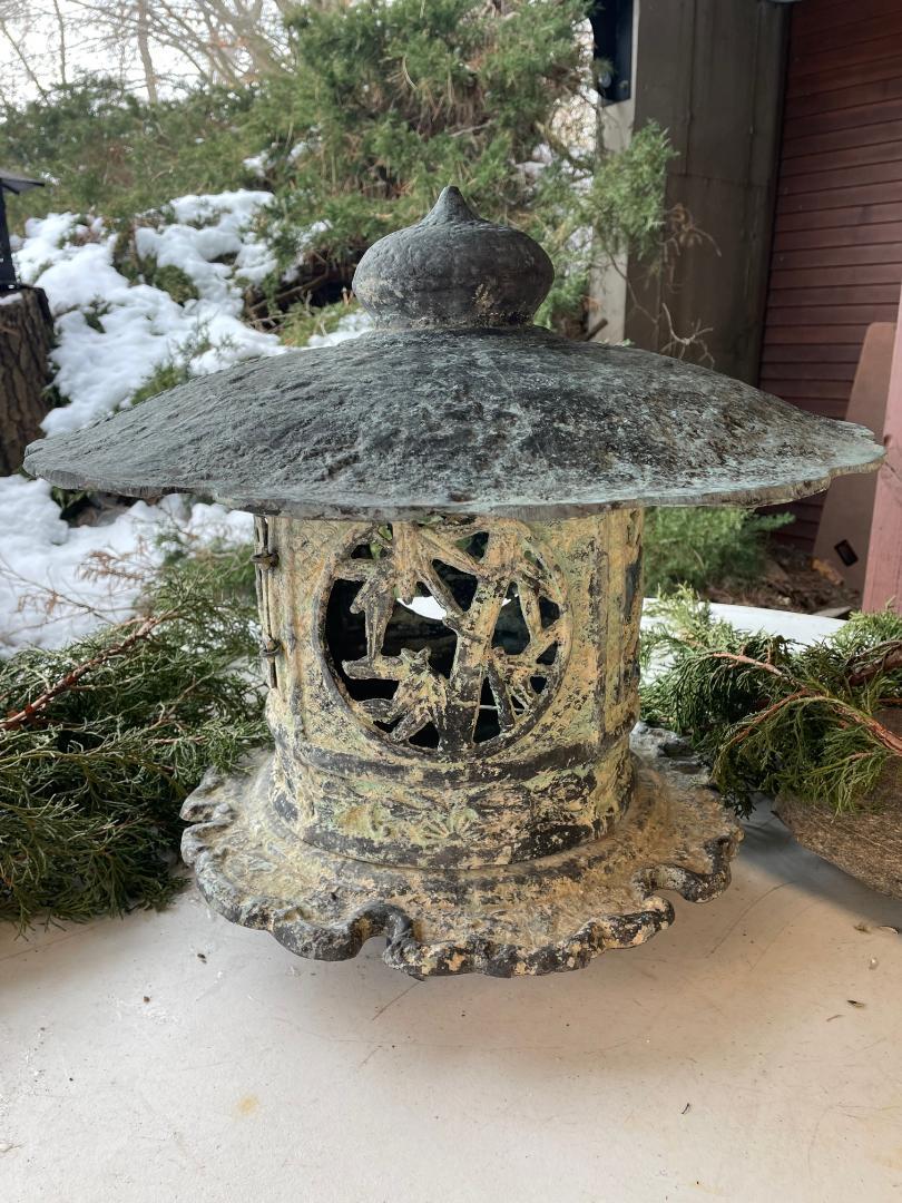 Japan Fancy Old Bronze Yukimi Bamboo and Plum Garden Lantern 4
