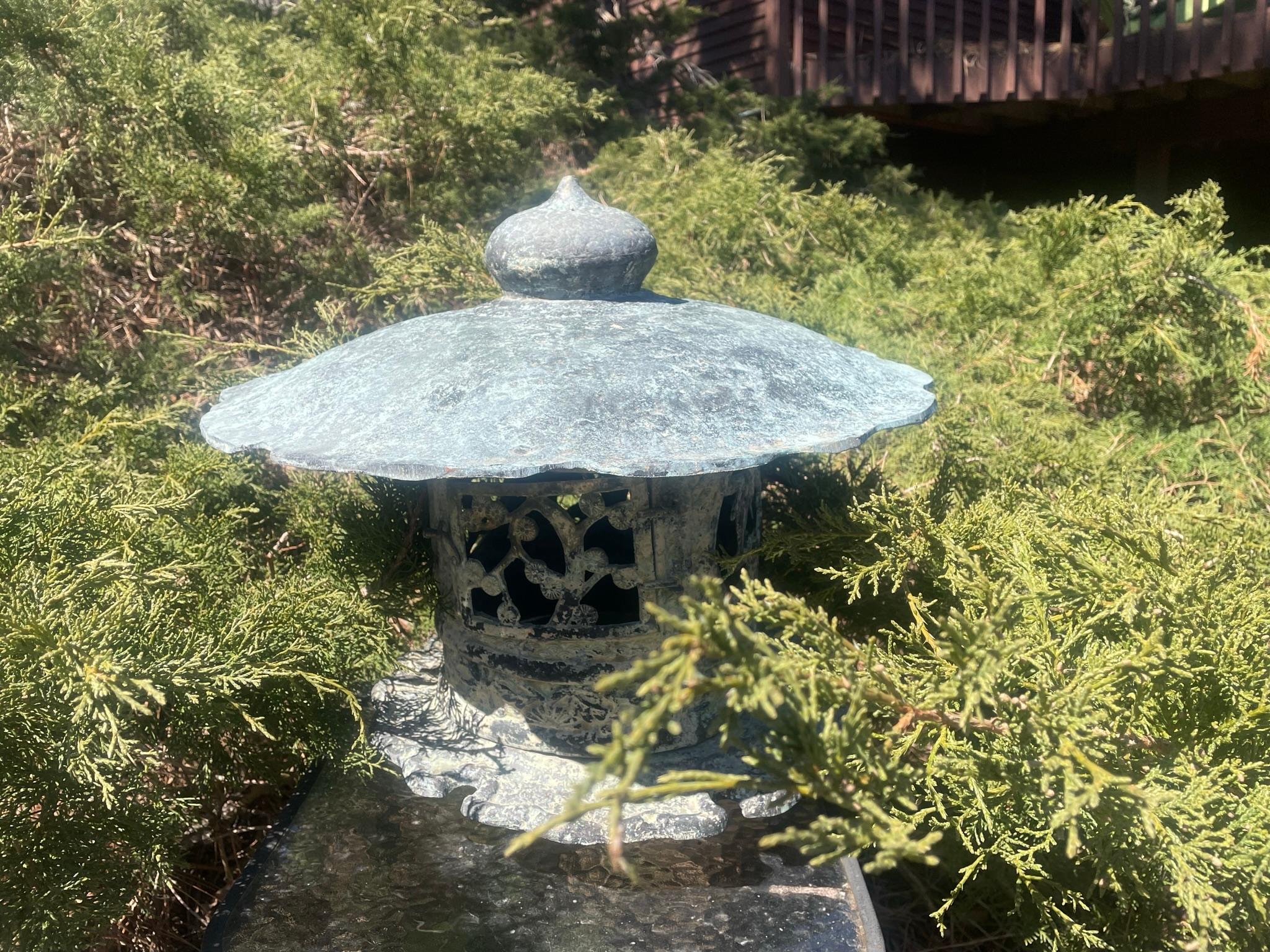 Showa Japan Fancy Old Bronze Yukimi Bamboo and Plum Garden Lantern