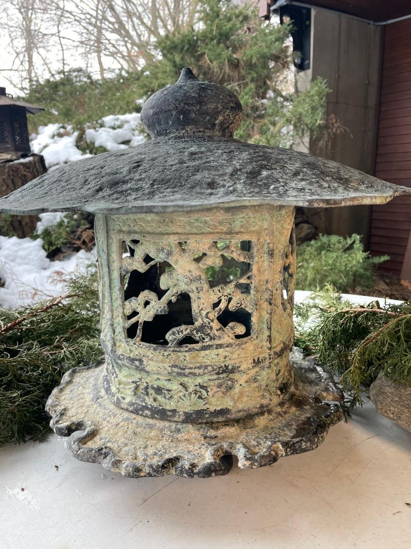 Japan Fancy Old Bronze Yukimi Bamboo and Plum Garden Lantern 2