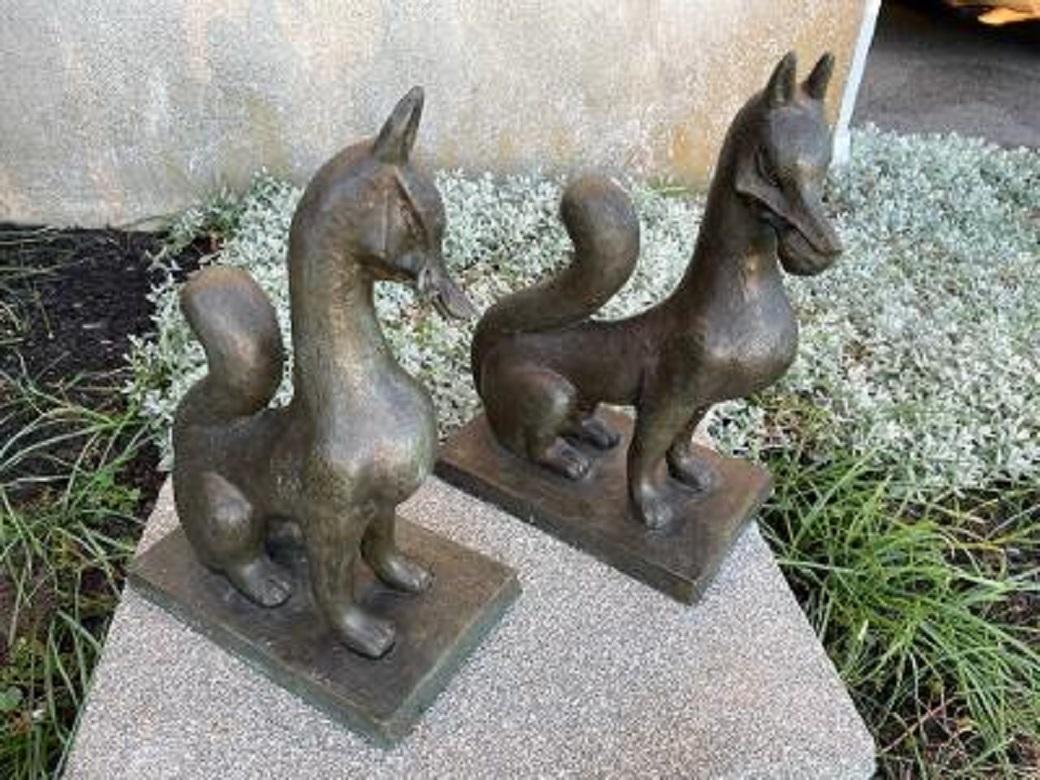 Japan Fine Pair Antique Bronze Fox Kitsune, Early 20th Century In Good Condition For Sale In South Burlington, VT