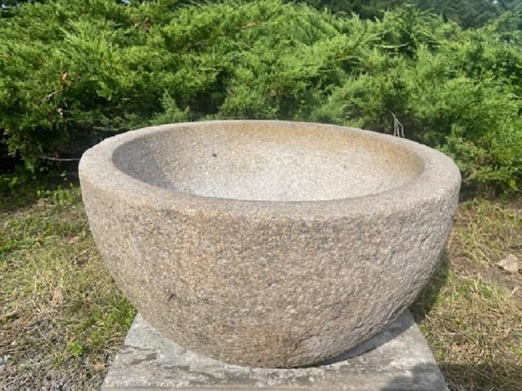 Hand-Carved Japan Fine Big Round Antique Stone Water Basin Planter Tsukubai 