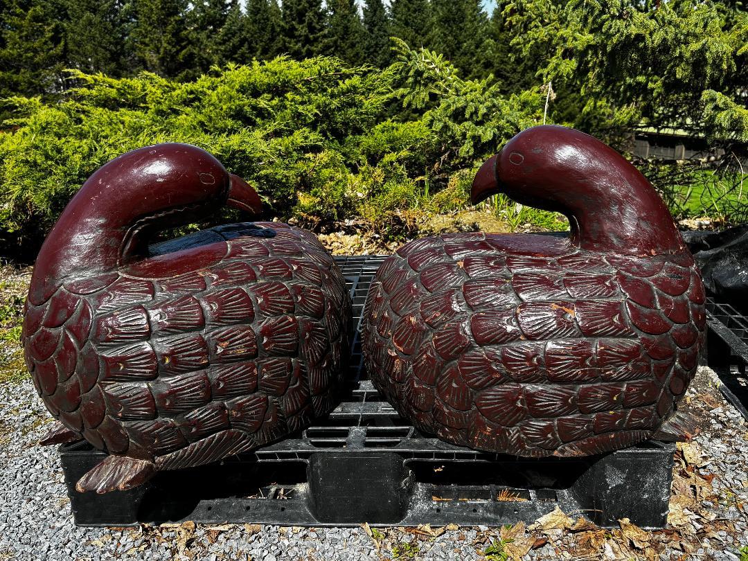 Japan Huge Antique Pair Quail Sculptures Hand-Carved Red Lacquered For Sale 3