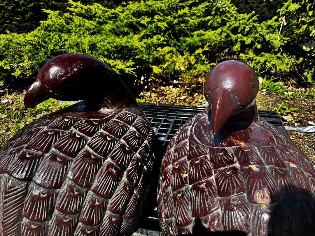 Japan Huge Antique Pair Quail Sculptures Hand-Carved Red Lacquered For Sale 6