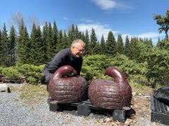 Japan Huge Antique Pair Quail Sculptures Hand-Carved Red Lacquered