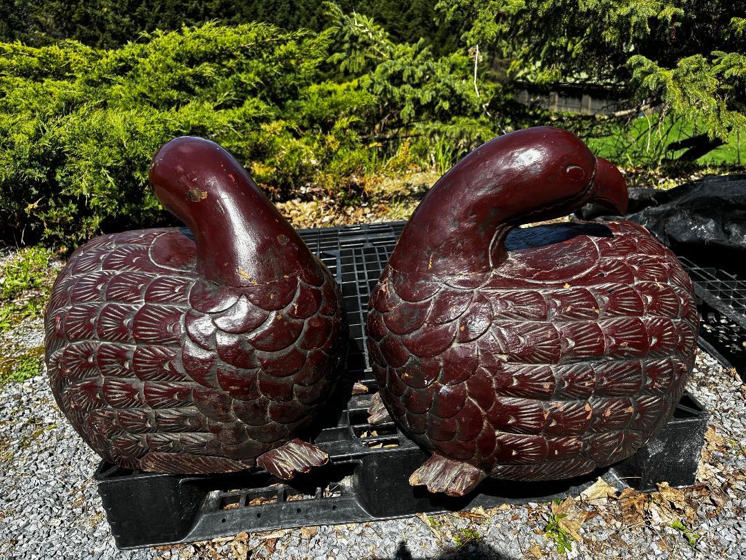 Japanese Japan Huge Antique Pair Quail Sculptures Hand-Carved Red Lacquered For Sale