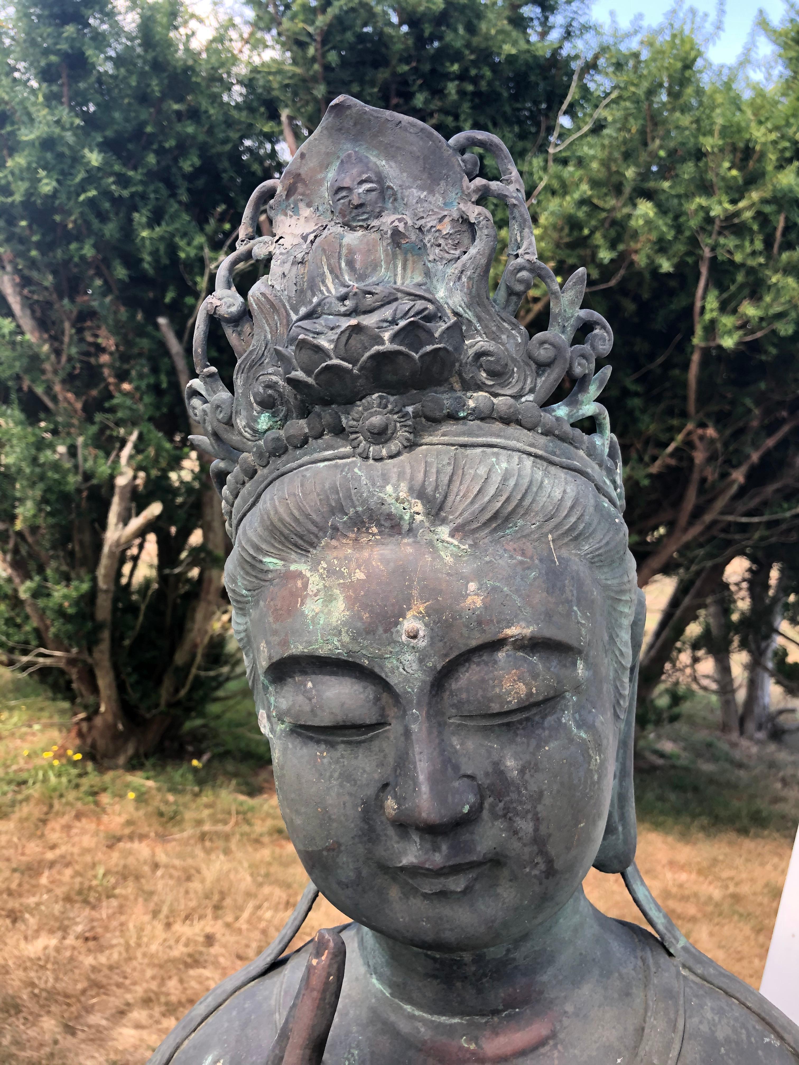 Showa Japan Fine Large and Elegant Antique Bronze Seated Kanon Maitreya Beautiful Face