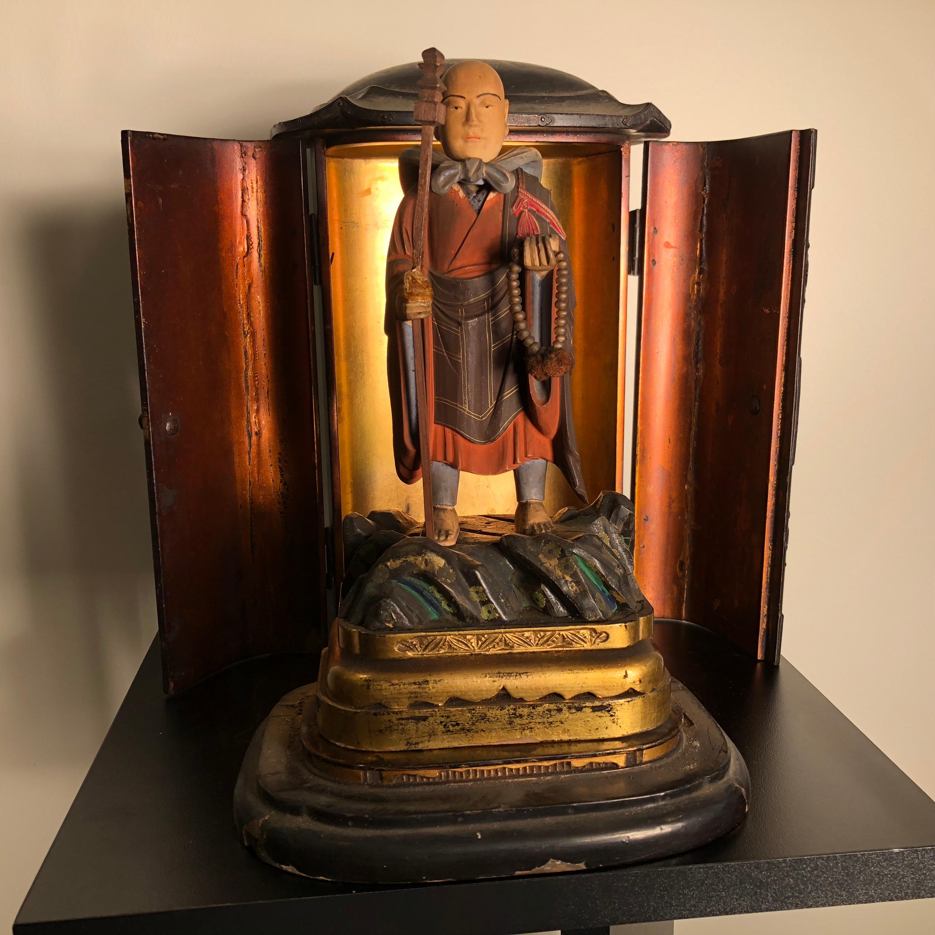 Showa Japan Fine Old Buddhist Figure in Original Gold and Black Lacquer Box , Zushi