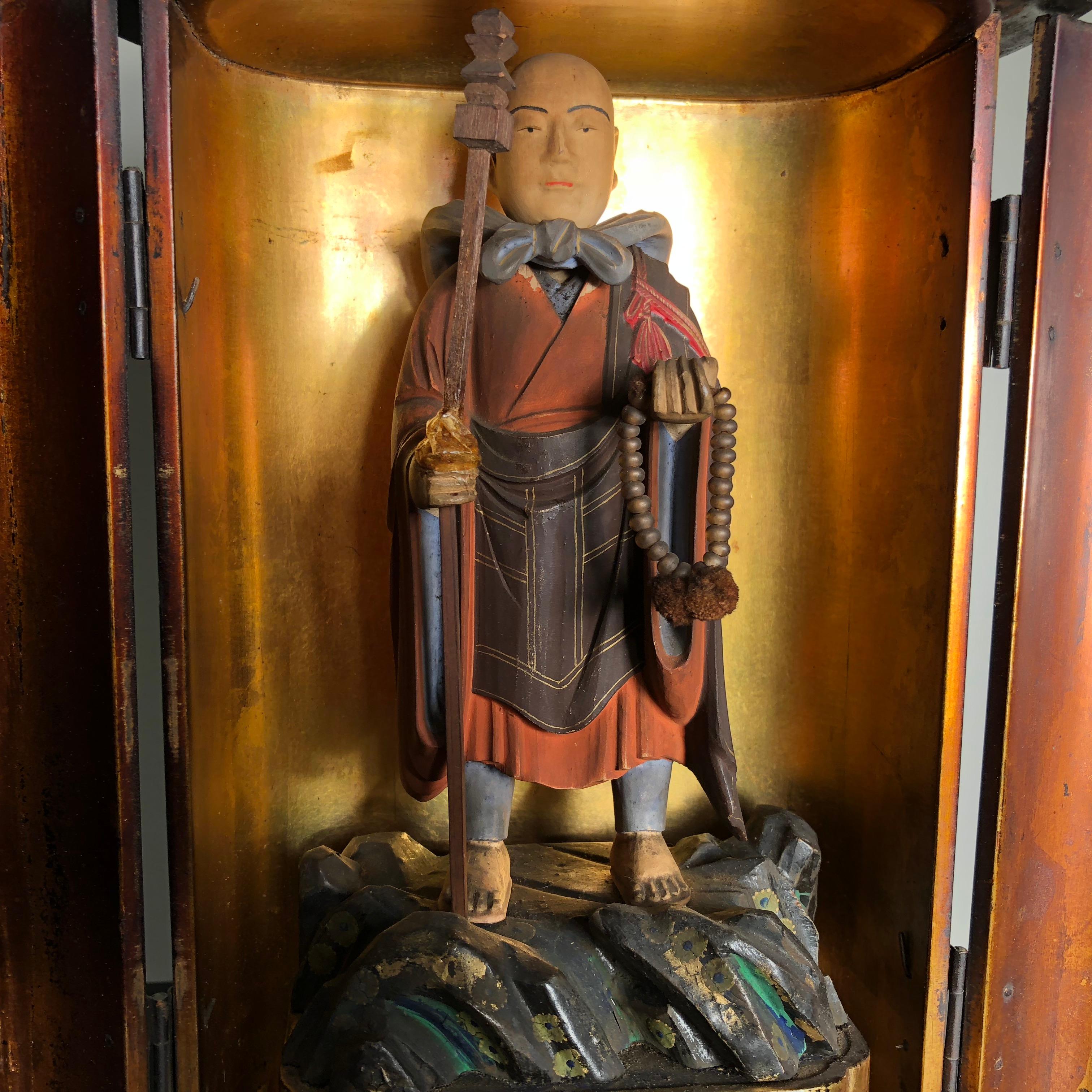 Japanese Japan Fine Old Buddhist Figure in Original Gold and Black Lacquer Box , Zushi