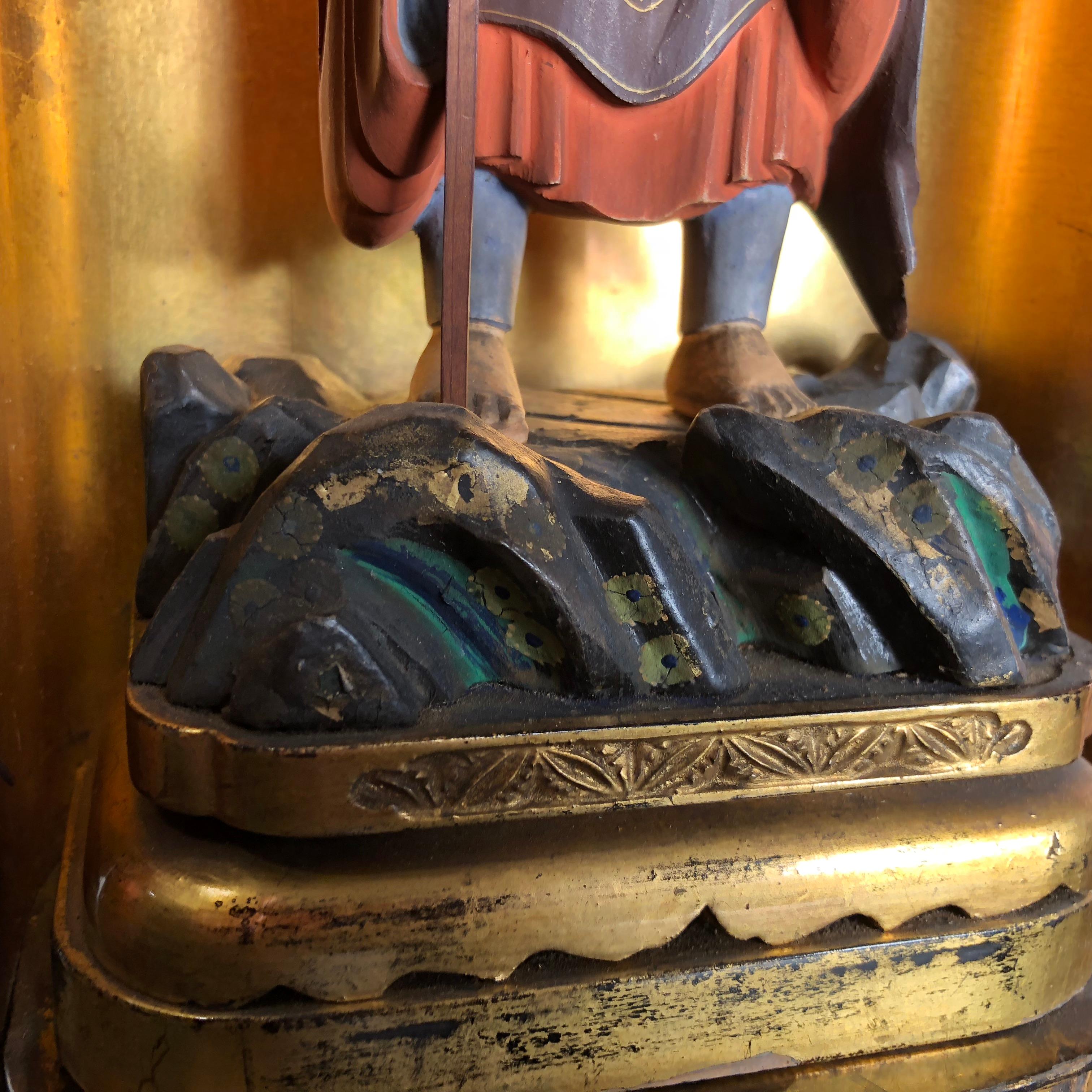 20th Century Japan Fine Old Buddhist Figure in Original Gold and Black Lacquer Box , Zushi
