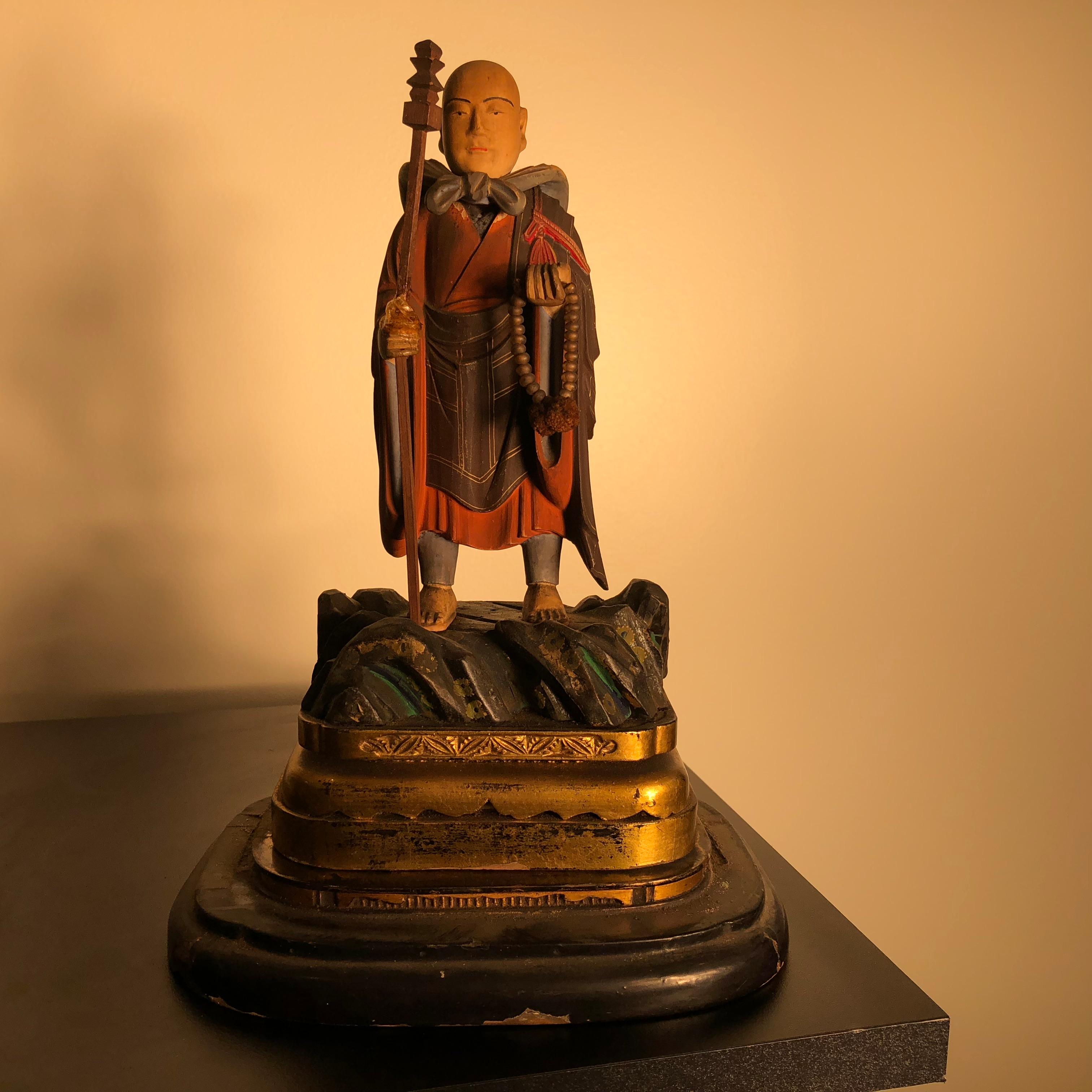 Japan Fine Old Buddhist Figure in Original Gold and Black Lacquer Box , Zushi 1