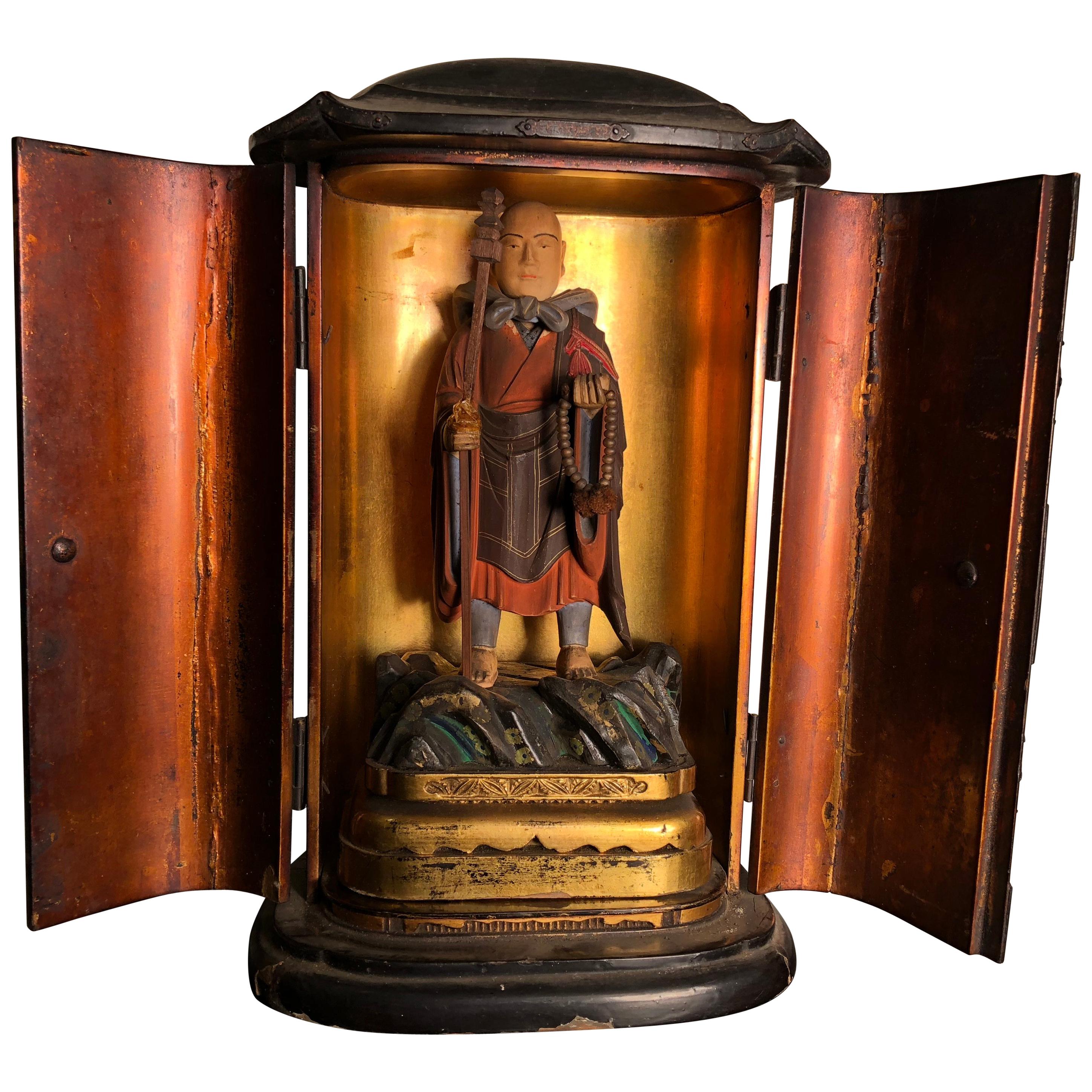 Japan Fine Old Buddhist Figure in Original Gold and Black Lacquer Box , Zushi