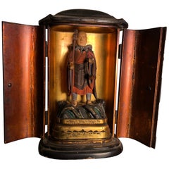 Japan Fine Old Buddhist Figure in Original Gold and Black Lacquer Box , Zushi