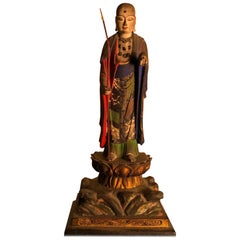 Antique Japan Fine Old Buddhist Holy Man with Wish Granting Jewel Original Vibrant Color