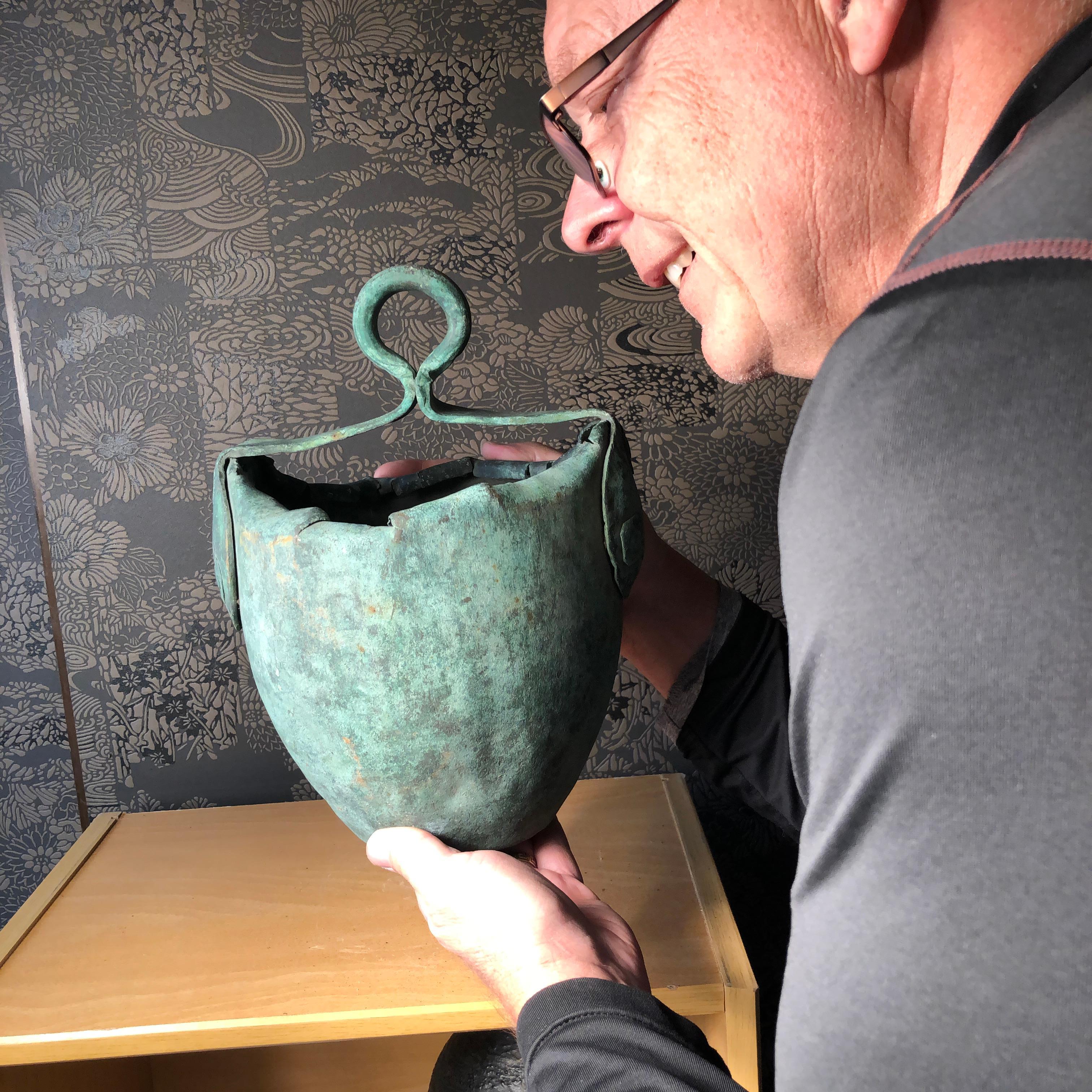 From our recent Japanese Acquisitions Travels

Japan, a fine hand forged bronze water bucket vessel dating way back to the late 18th century, Edo period.
Today these marvelous artifacts serve as wonderful planters and decorative accents. 

The