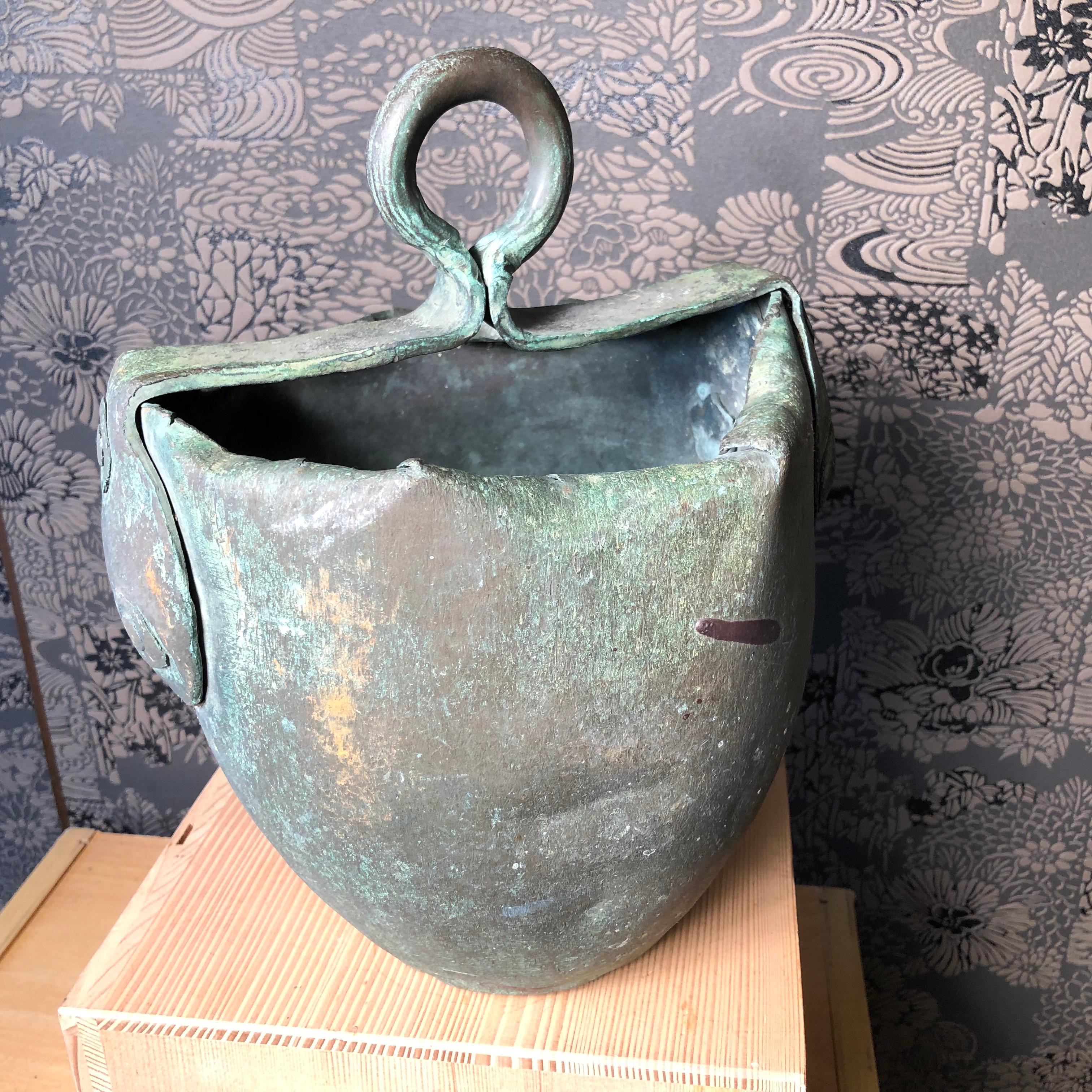 Edo Japan Fine Old Hand Forged & Riveted Bronze Bucket Planter-200 Years Old
