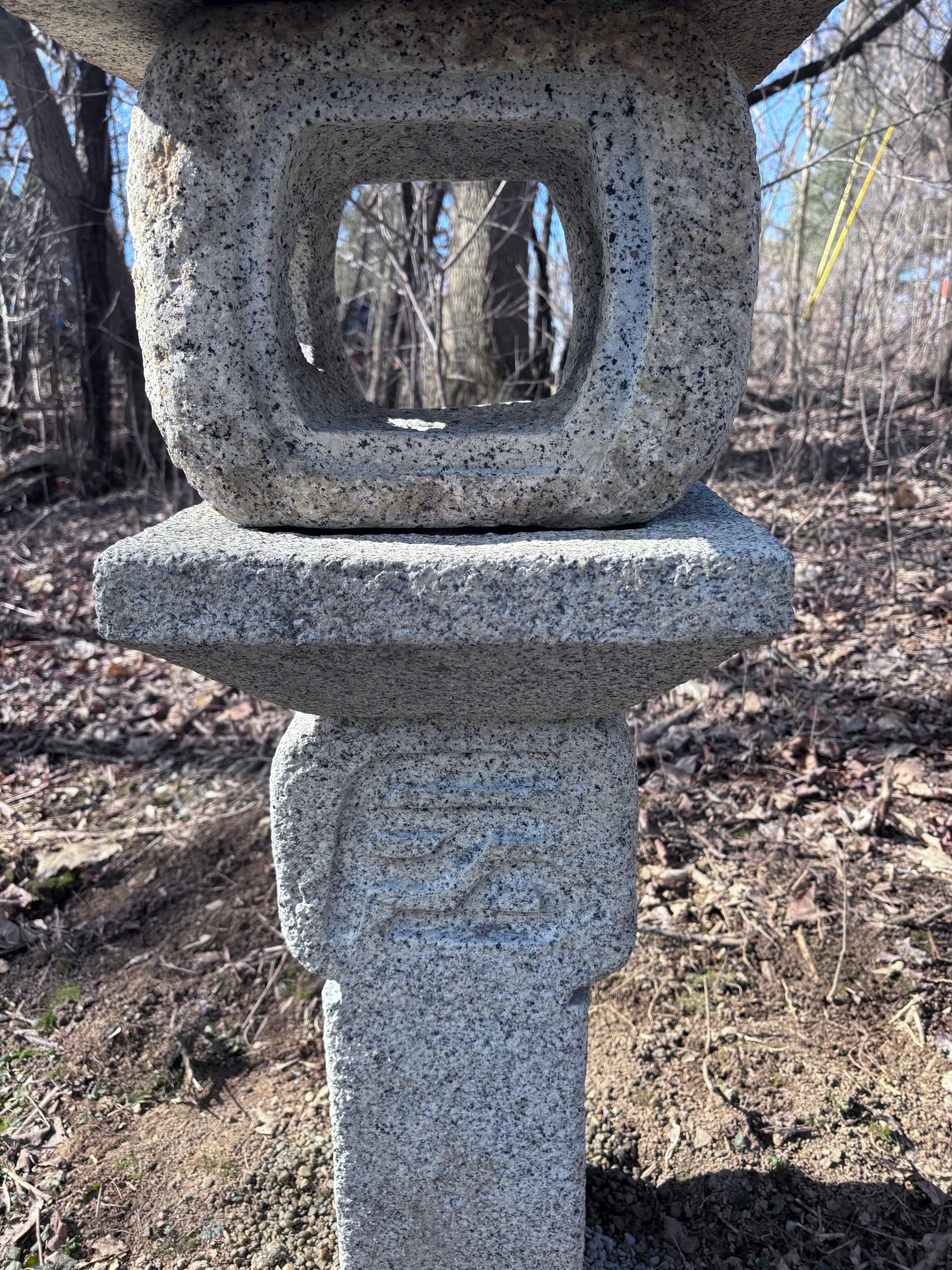Hand-Crafted Japan Fine Old  “Oribe” Granite Garden Lantern With Sanscrit Calligraphy For Sale