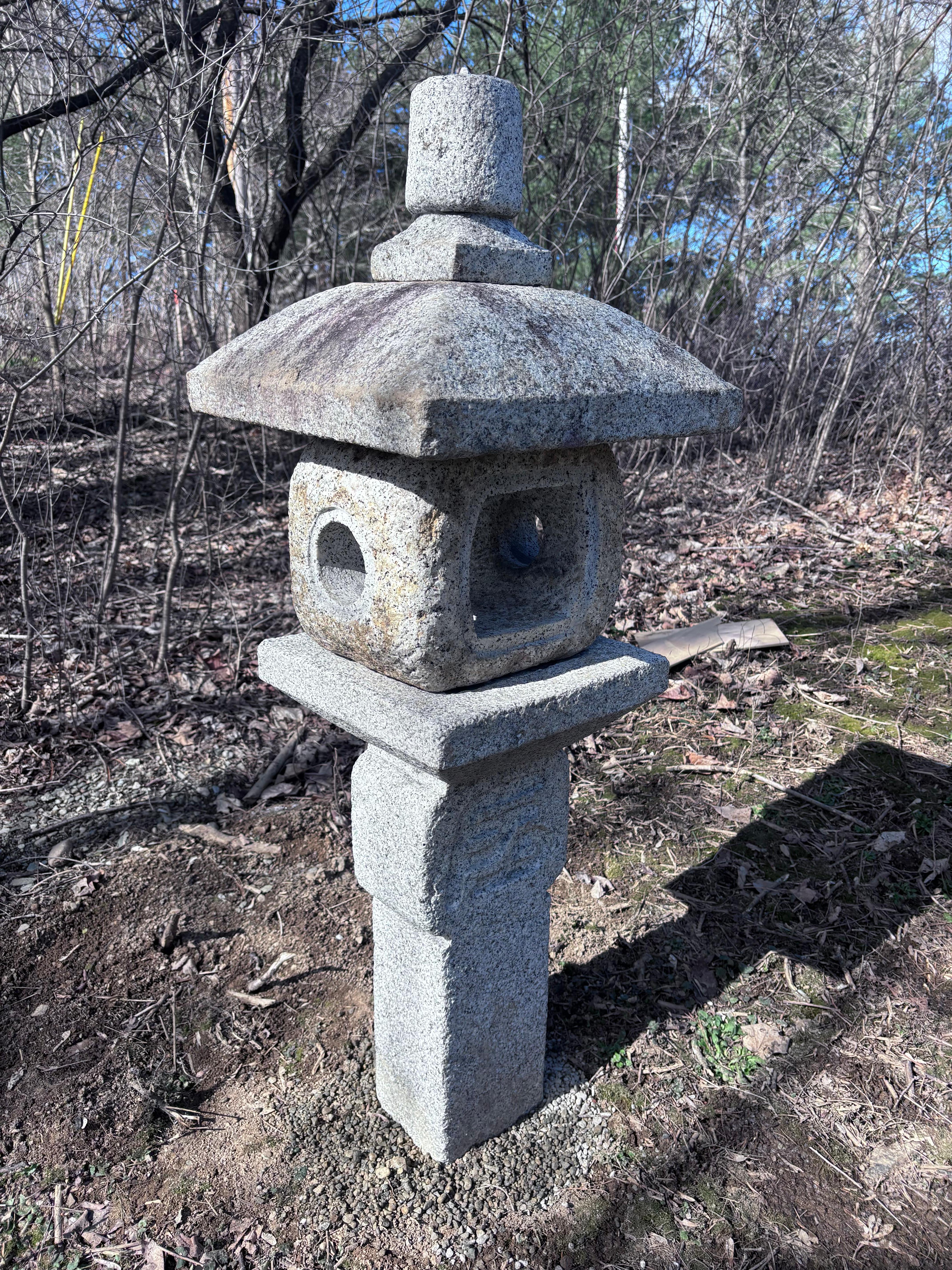 Stone Japan Fine Old  “Oribe” Granite Garden Lantern With Sanscrit Calligraphy For Sale