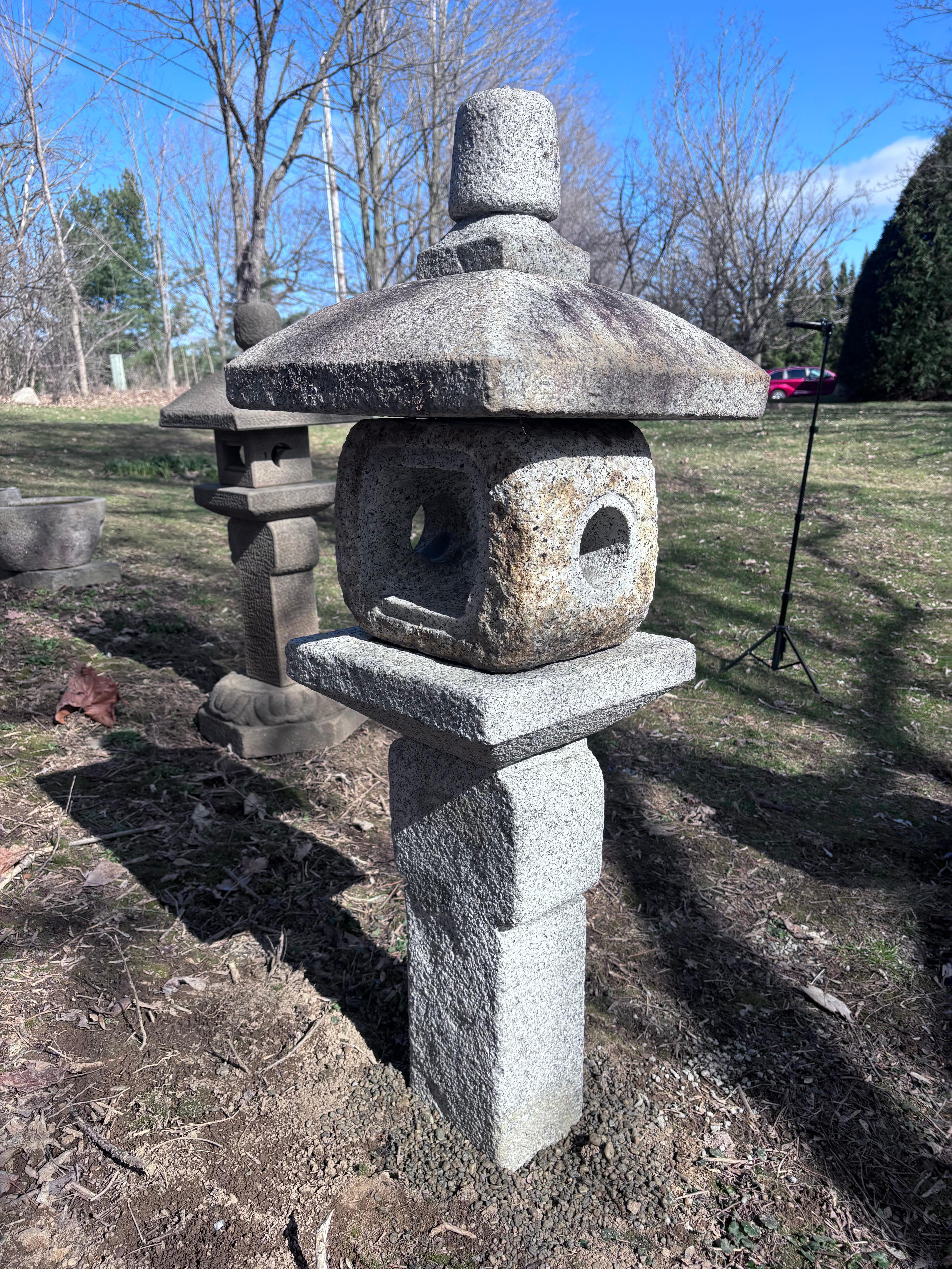 Japan Fine Old  “Oribe” Granite Garden Lantern With Sanscrit Calligraphy For Sale 1