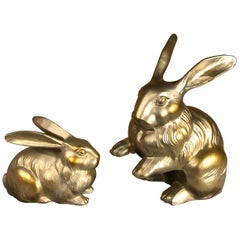 Japan Fine Pair of Big Hand Cast Silver Gold Playful Rabbits