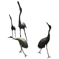 Japan Four Antique Bronze Crane Family Beautiful Head and Feather Details, #3