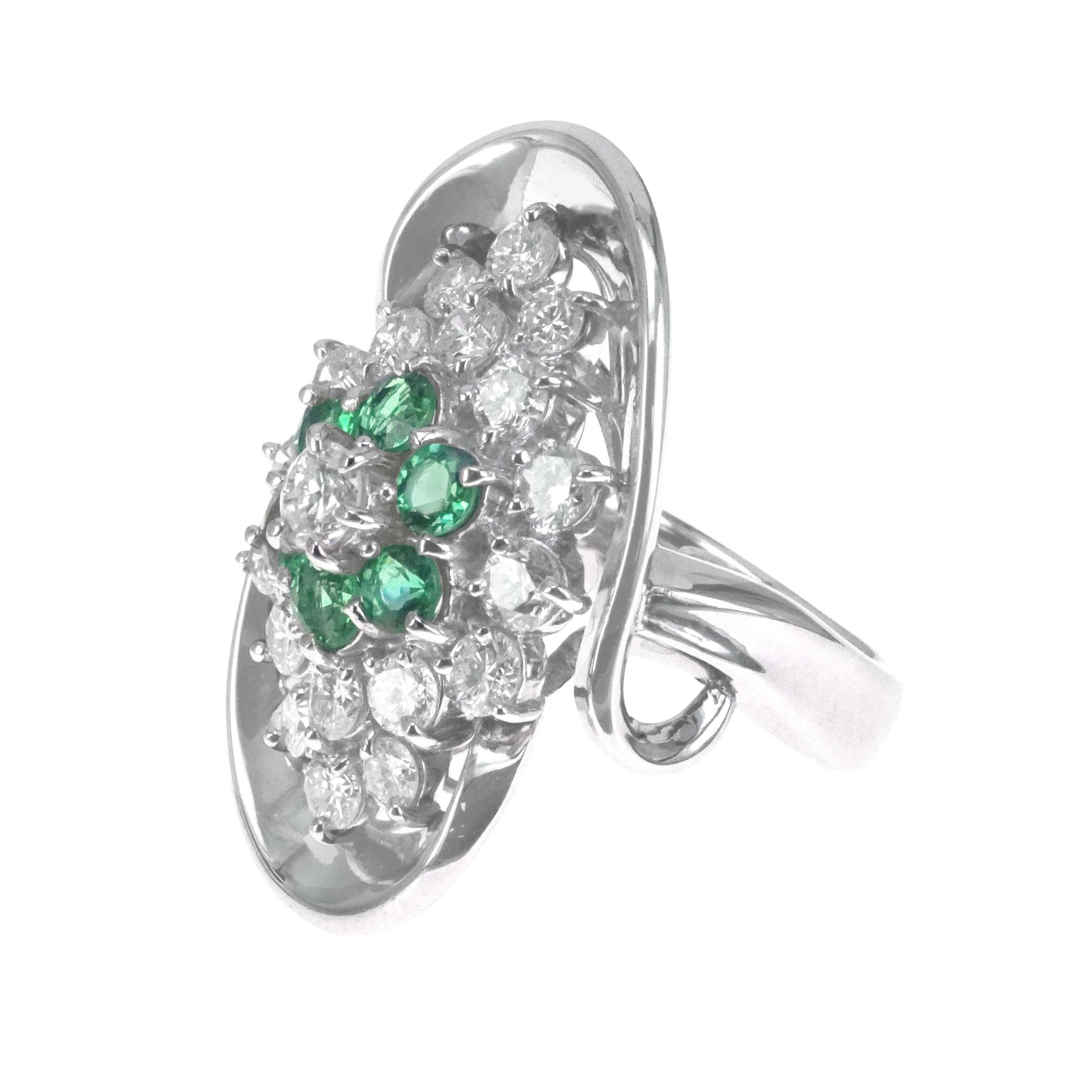 Certified by the Japan and Germany Gemological Laboratory, 0.65 carats of Colombian Emeralds are set with 1.67 carat of white brilliant round diamond, The details of the diamond are mentioned below:
Color: D
Clarity: VVS
The ring is made in Platinum