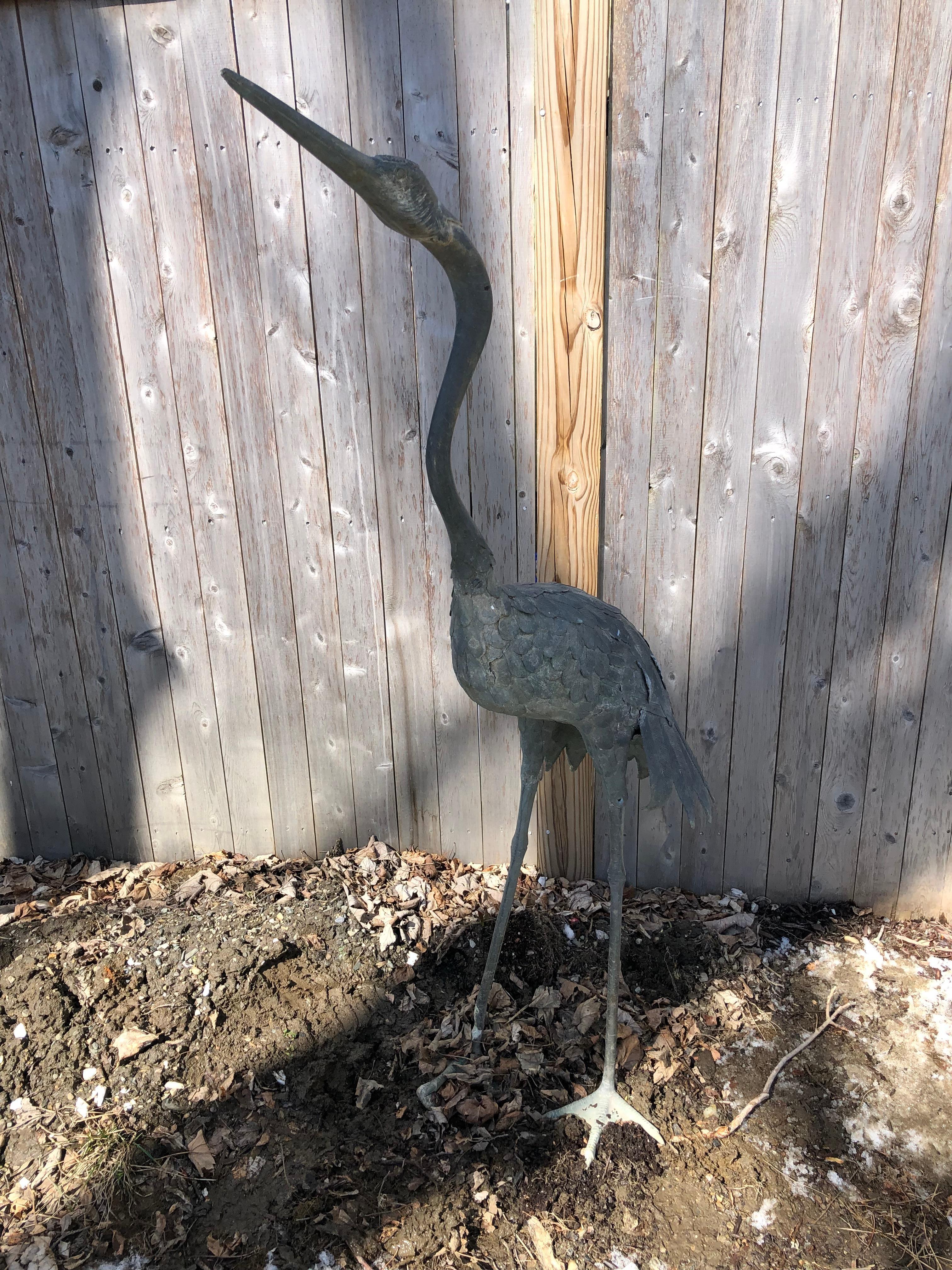 Japan Giant Antique Cast Bronze Crane Beautiful Feather, Head Details 60