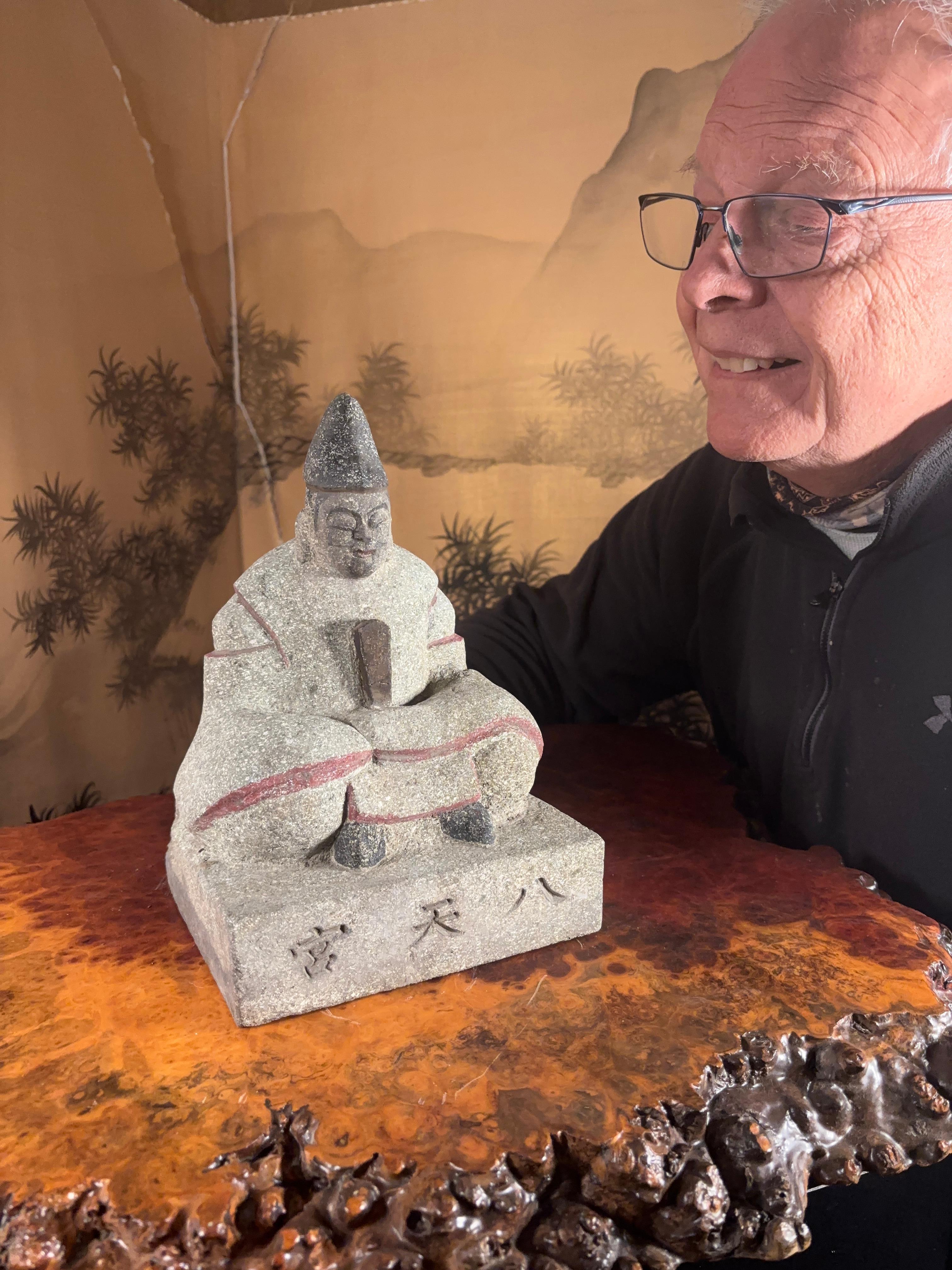 Showa Japan Hand-Carved Granite Garden Shrine Scholar Effigy of With Book, Signed