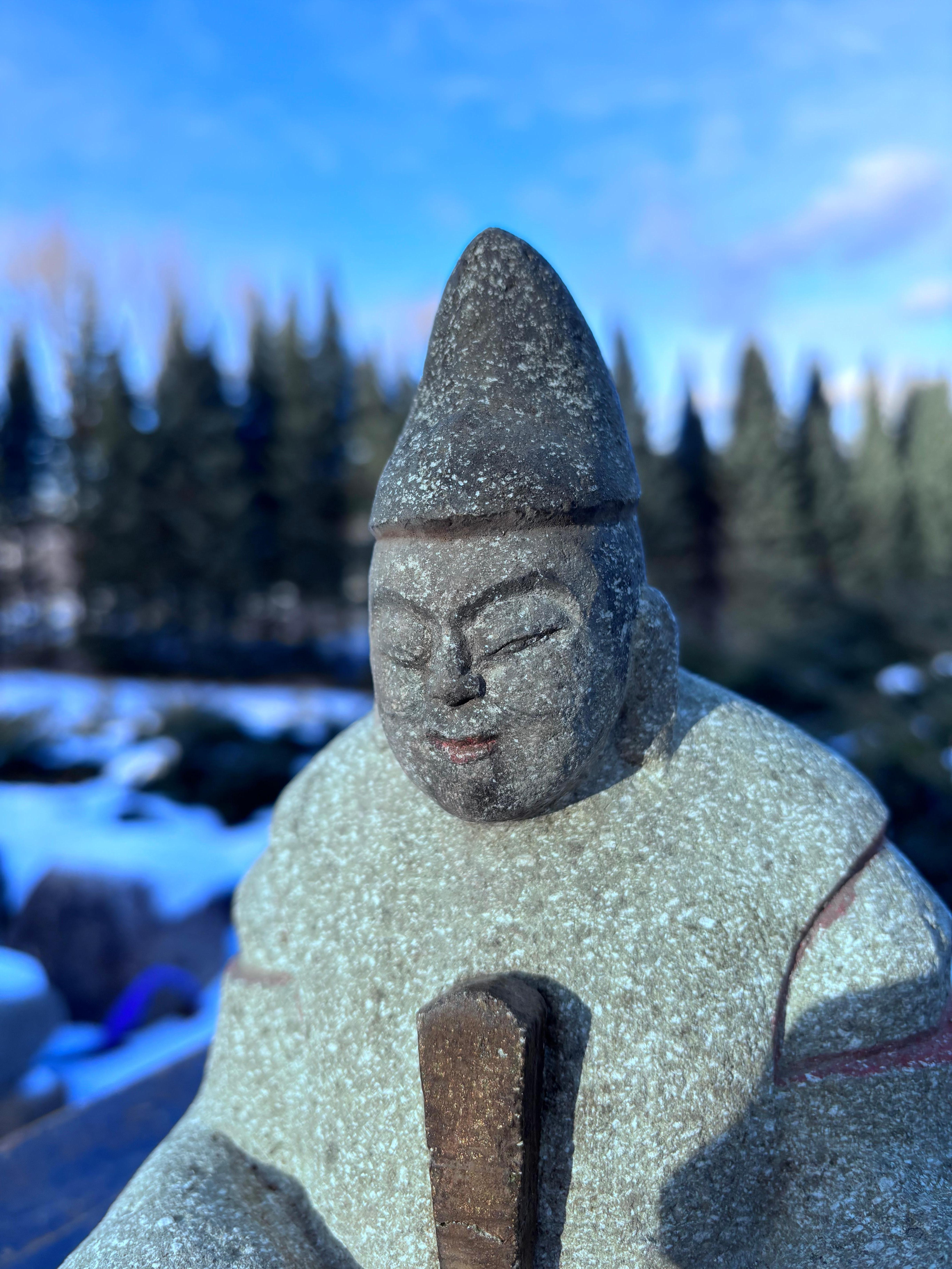 Japanese Japan Hand-Carved Granite Garden Shrine Scholar Effigy of With Book, Signed