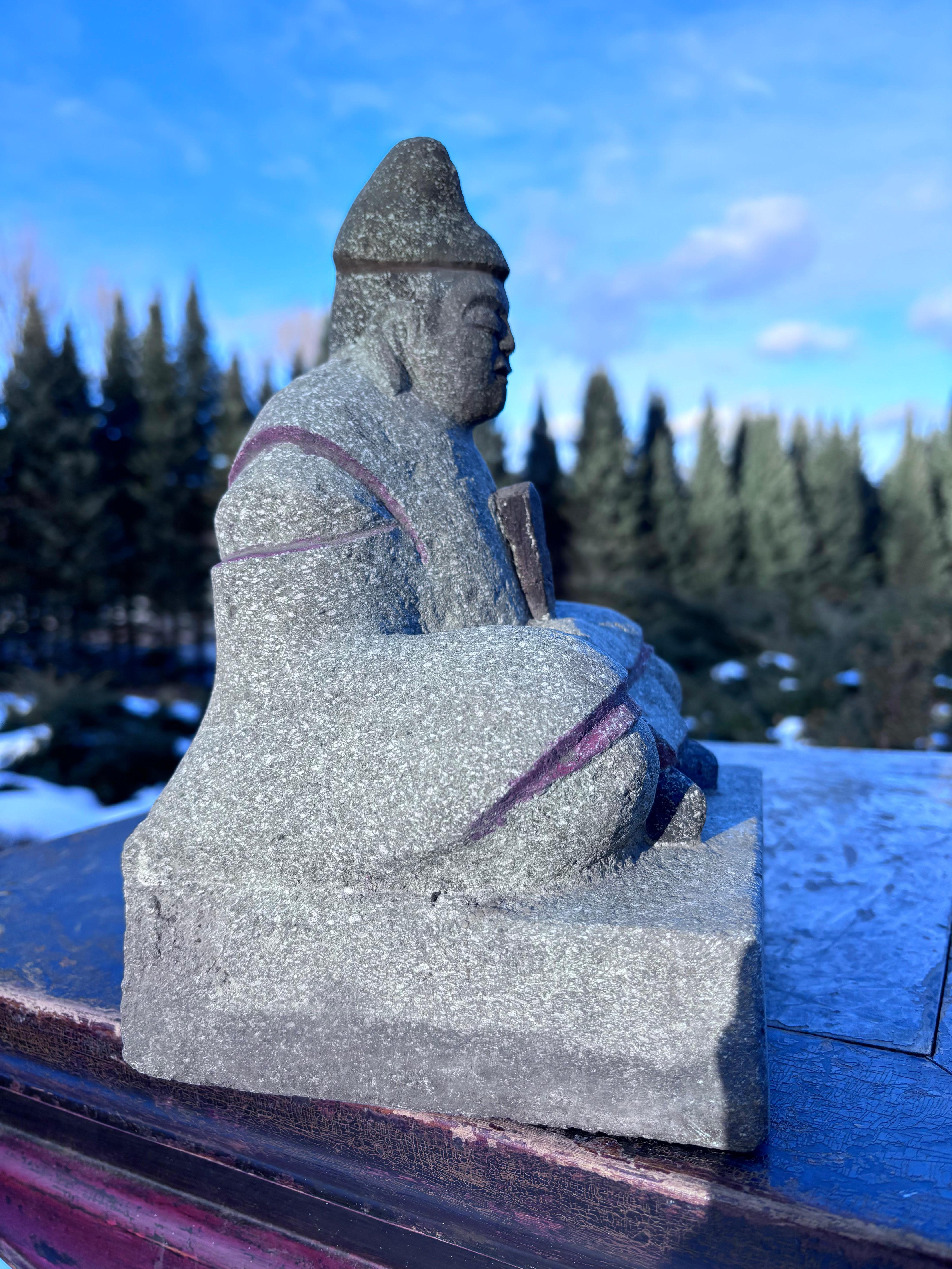 20th Century Japan Hand-Carved Granite Garden Shrine Scholar Effigy of With Book, Signed
