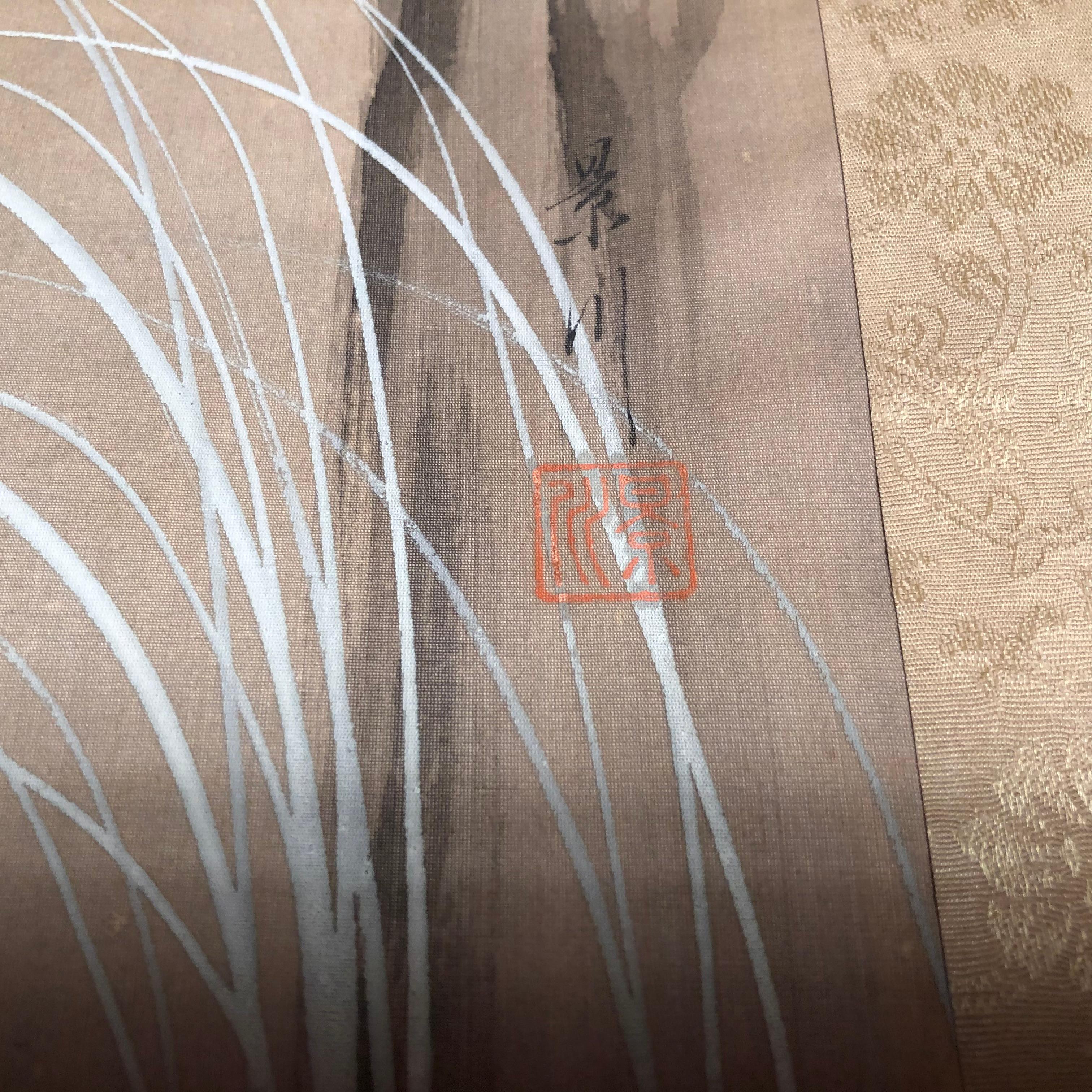 Japan Horn Owl Hand Painted Antique Silk Scroll Signed Keisen with Collector Box 3