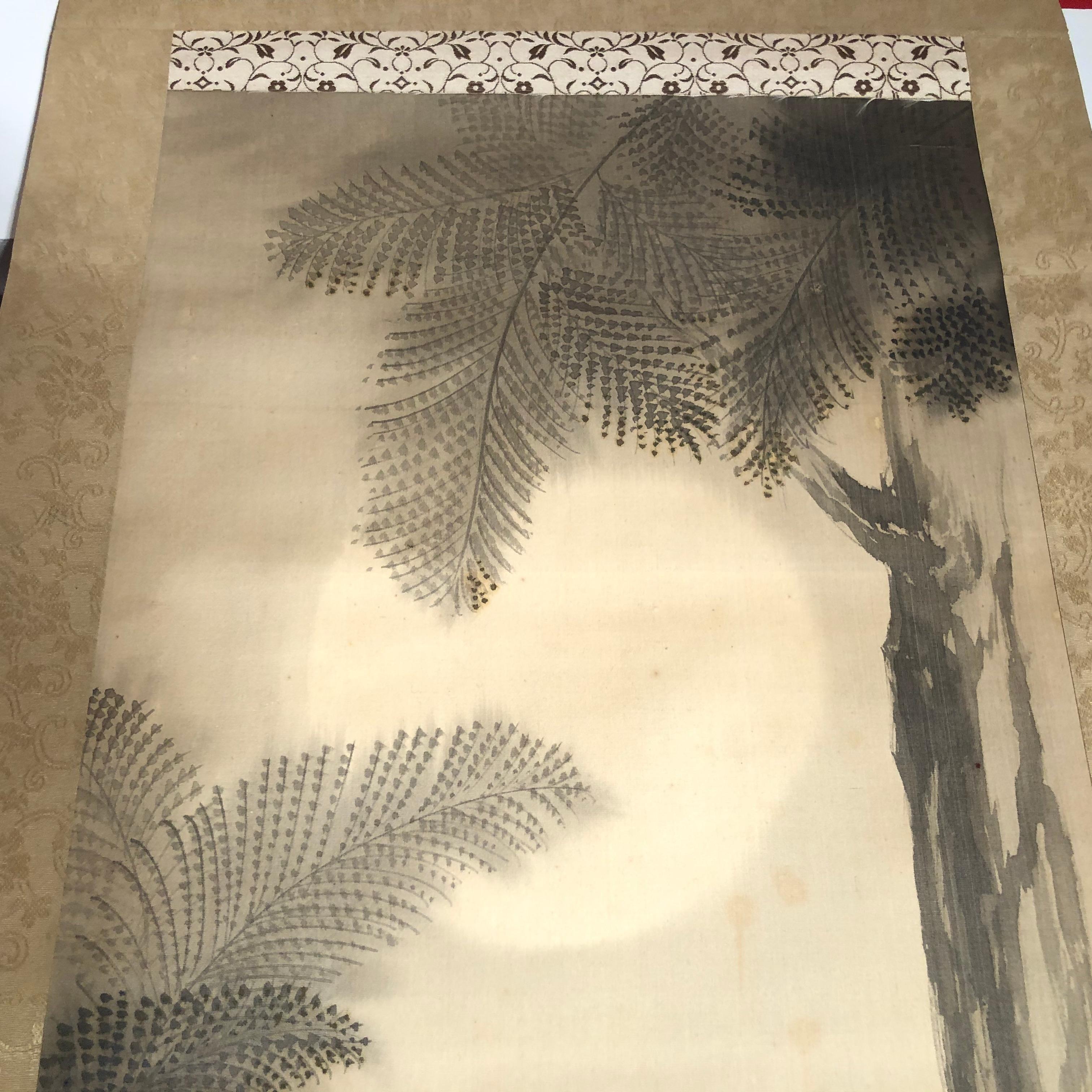 Japan Horn Owl Hand Painted Antique Silk Scroll Signed Keisen with Collector Box 4
