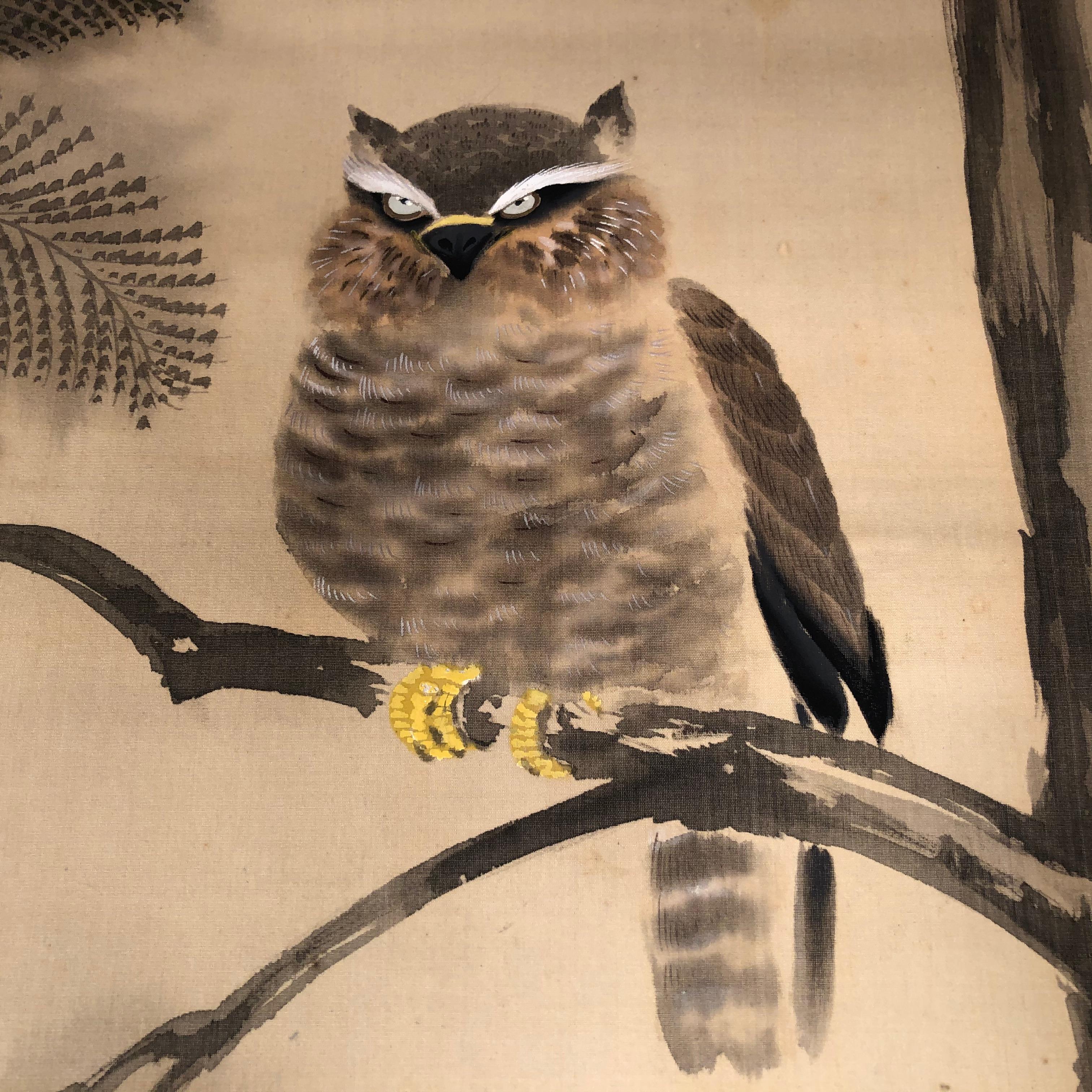 Japanese Japan Horn Owl Hand Painted Antique Silk Scroll Signed Keisen with Collector Box