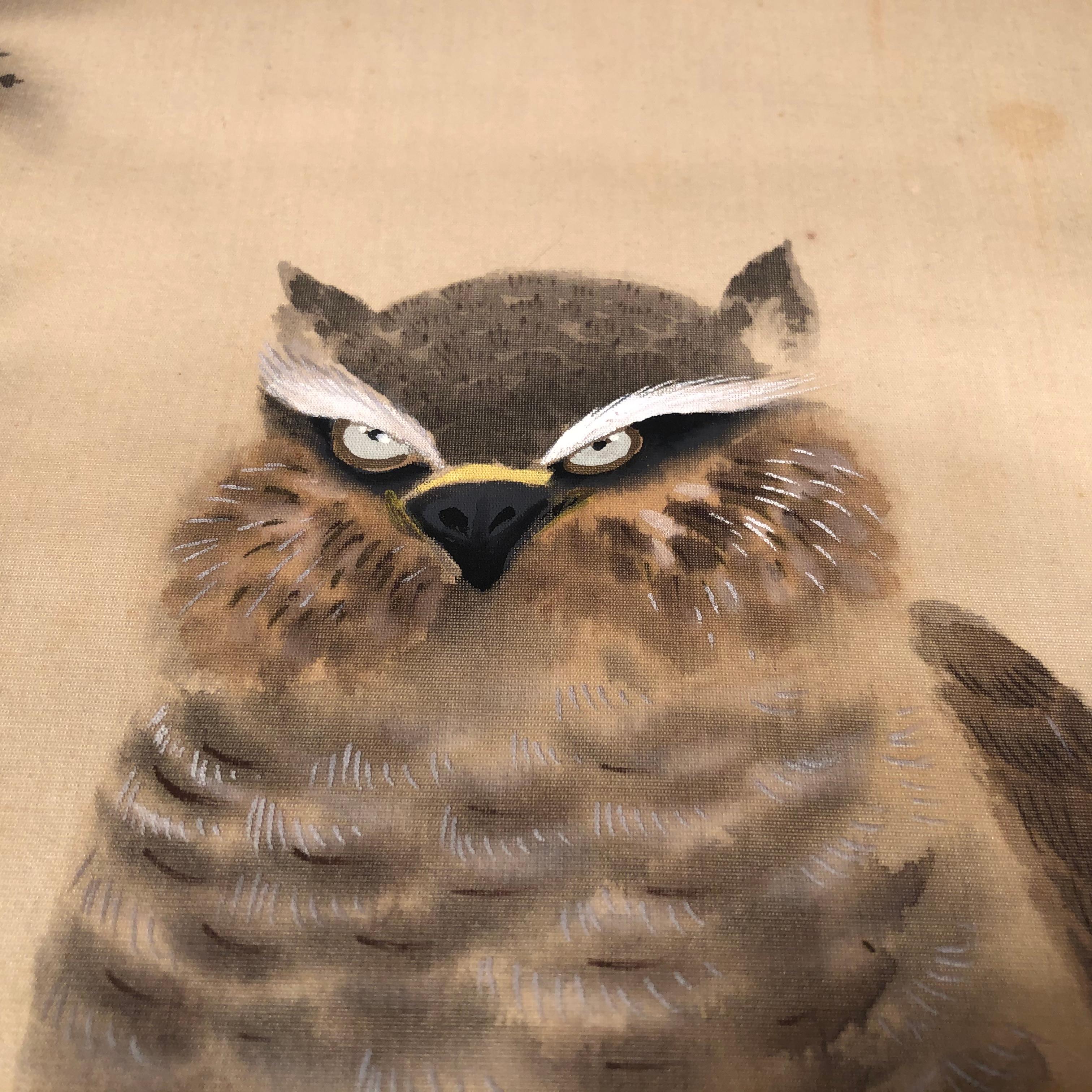Hand-Painted Japan Horn Owl Hand Painted Antique Silk Scroll Signed Keisen with Collector Box