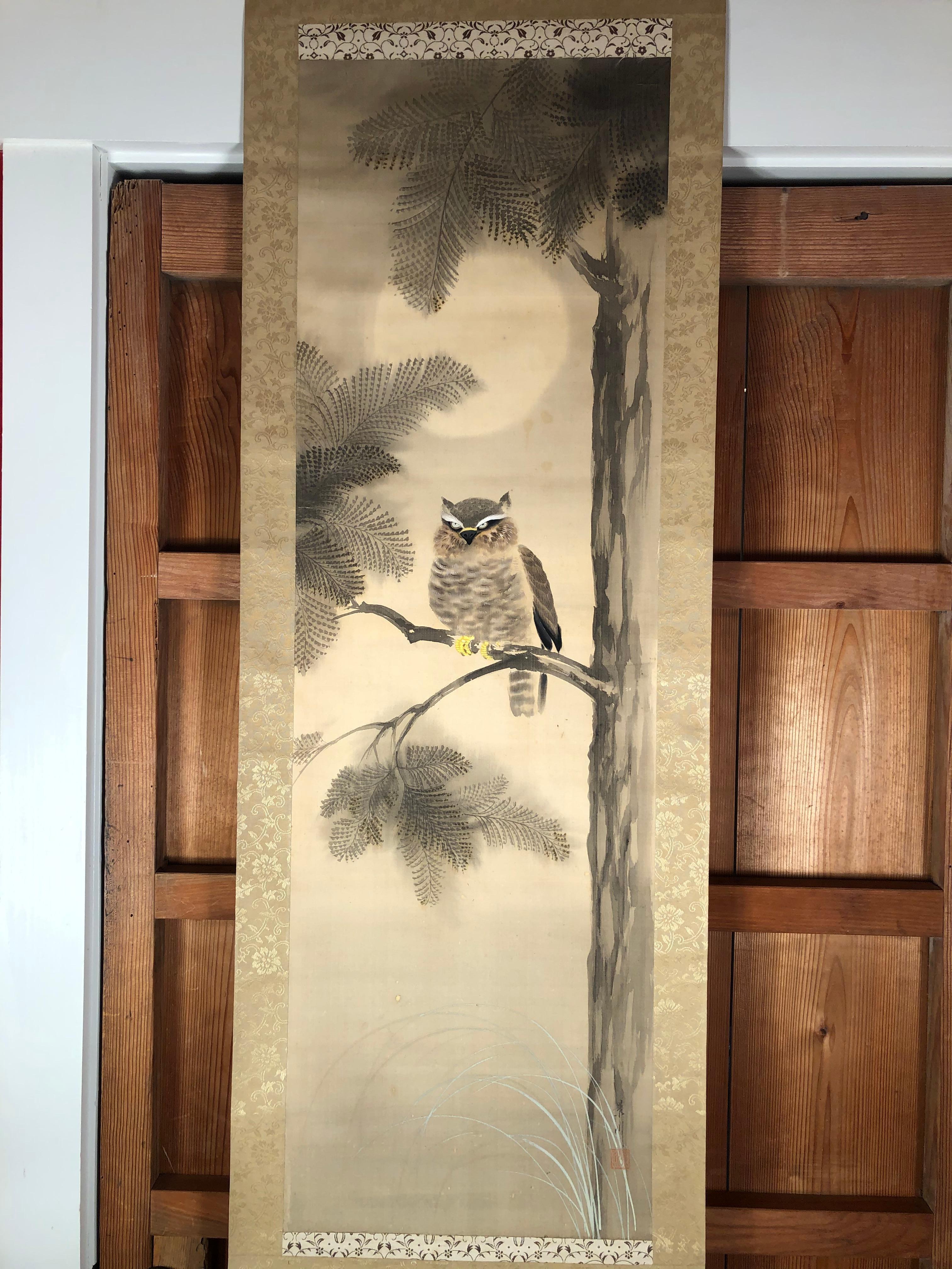 Japan Horn Owl Hand Painted Antique Silk Scroll Signed Keisen with Collector Box In Good Condition In South Burlington, VT